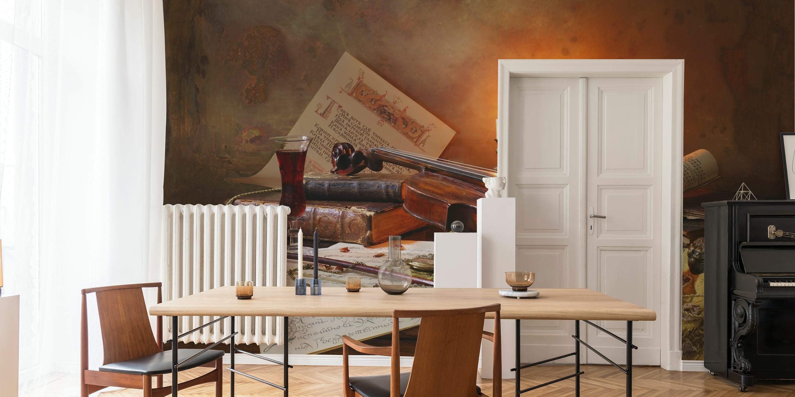 Design de papel de parede com Still life with violin and candles