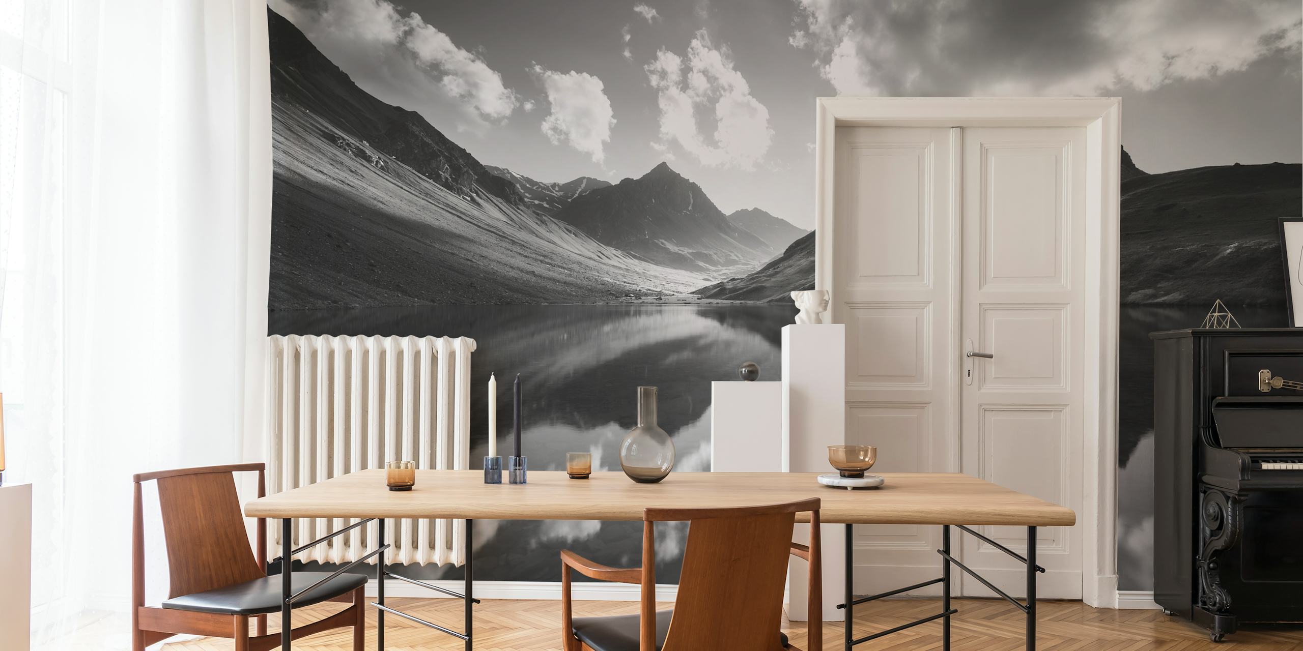 Black and white mountain landscape with reflections wallpaper