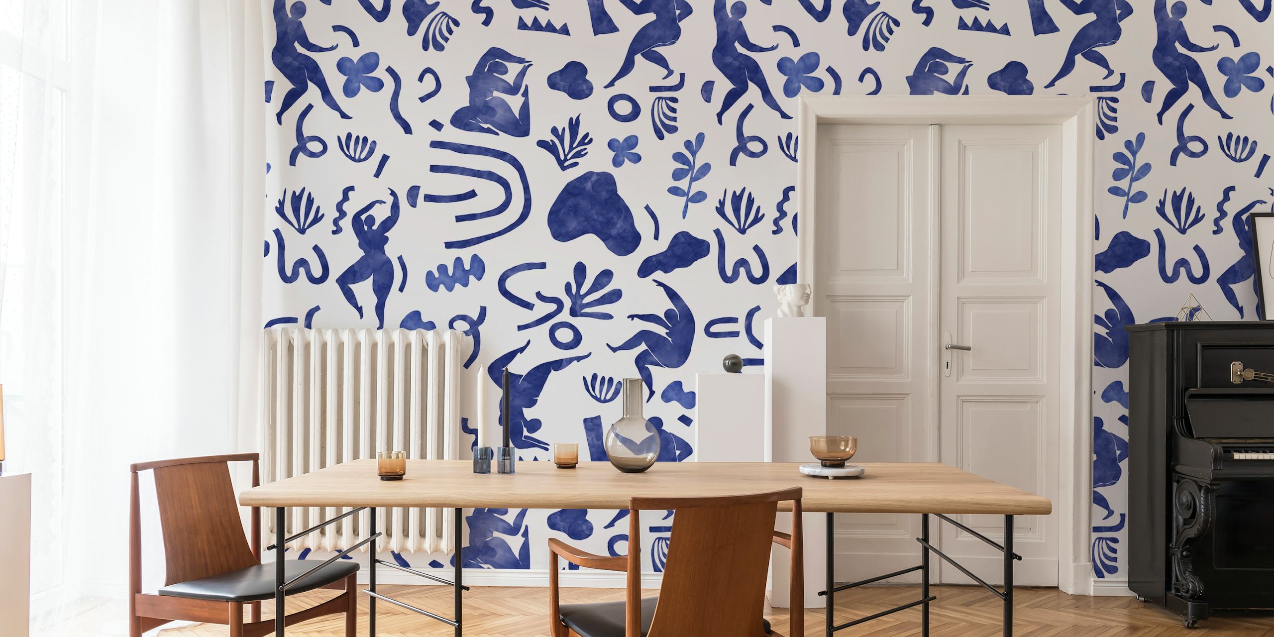 Abstract women and nature pattern wall mural in indigo blue
