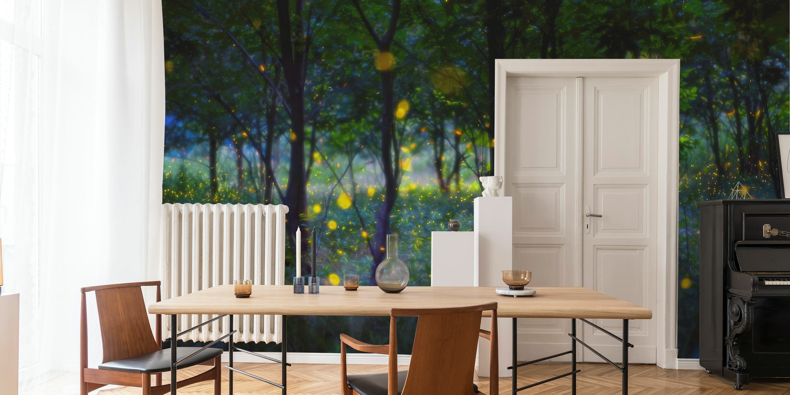 Magical forest scene with glowing fireflies and lush green foliage wallpaper