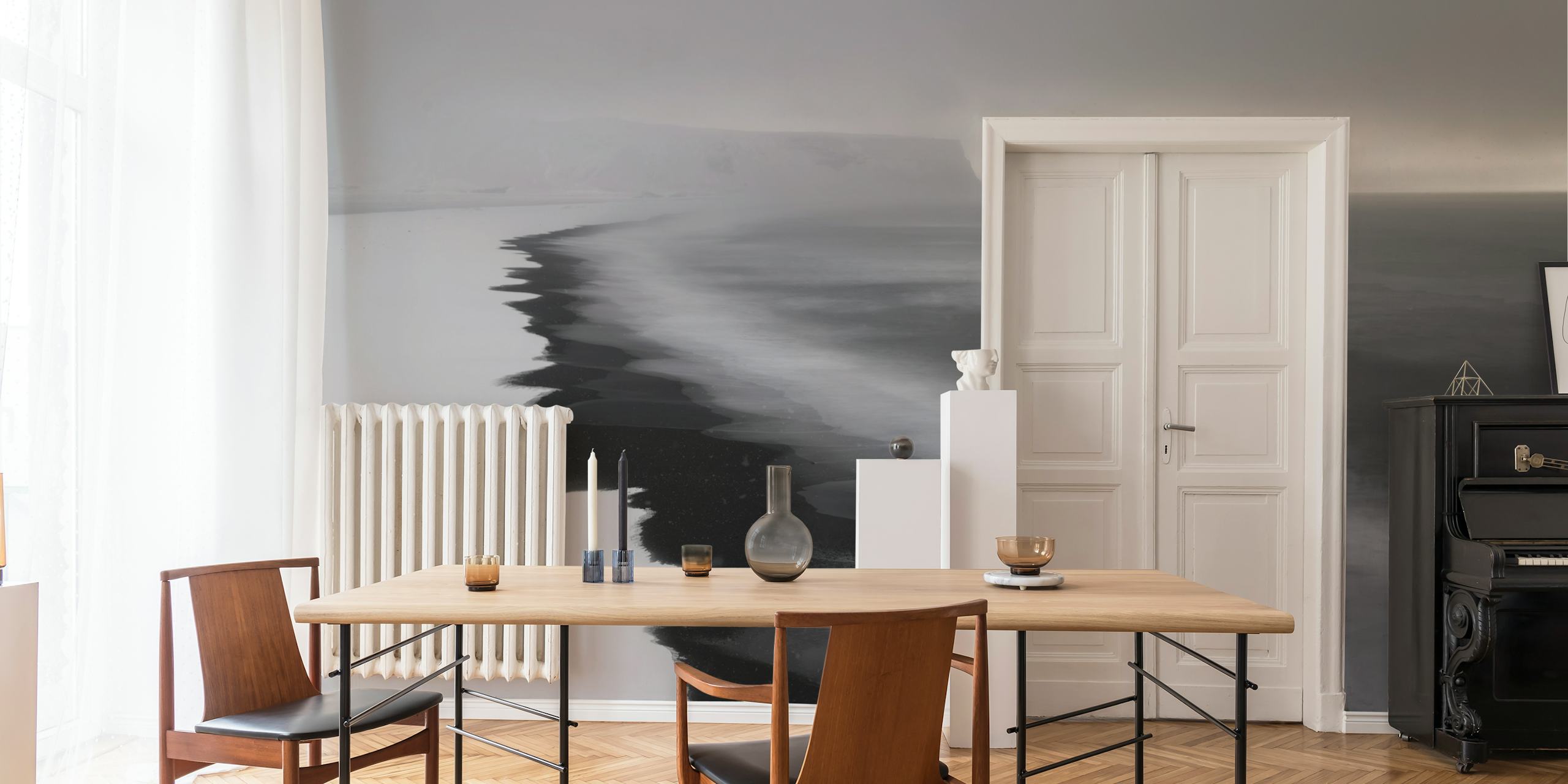 Black and white coastal landscape wallpaper with rocky shore