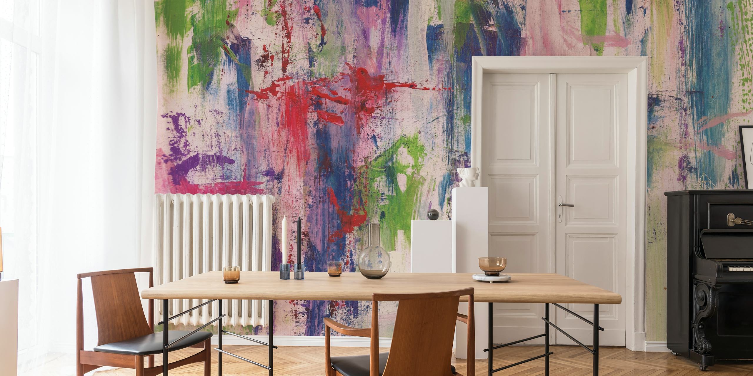 Abstract wall mural with a blend of red, green, and pastel brush strokes