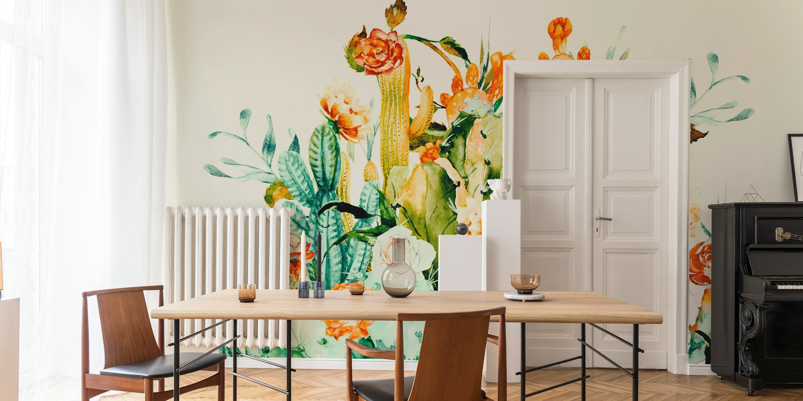Colorful cactus and floral patterns in pink, green, and yellow wallpaper