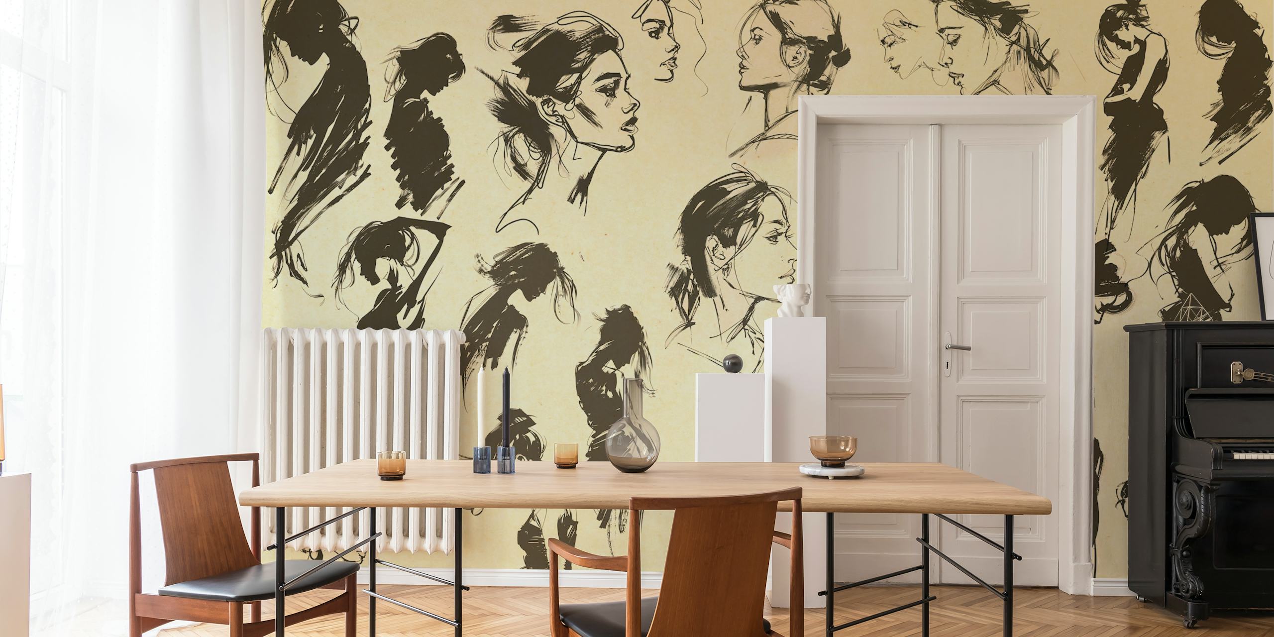 Papel de parede Vintage Elegant Silhouette Drawings no quarto