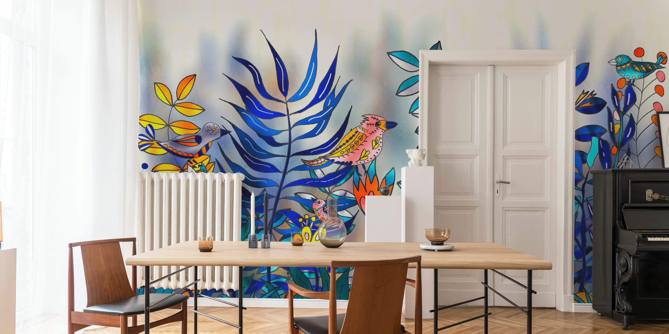Colorful birds and flowers on blue backdrop wallpaper