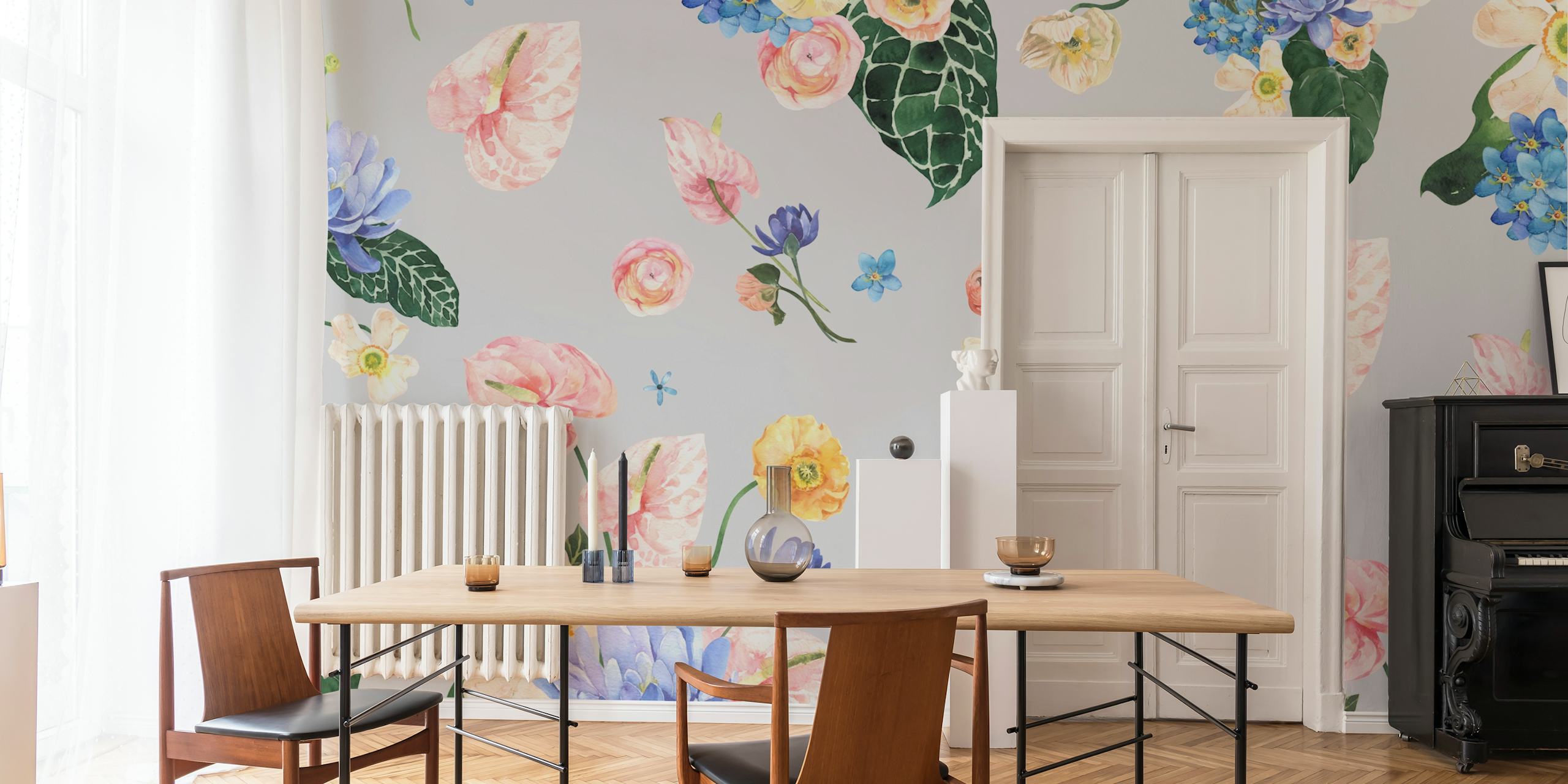 Exotic watercolor flowers wallpaper in a room