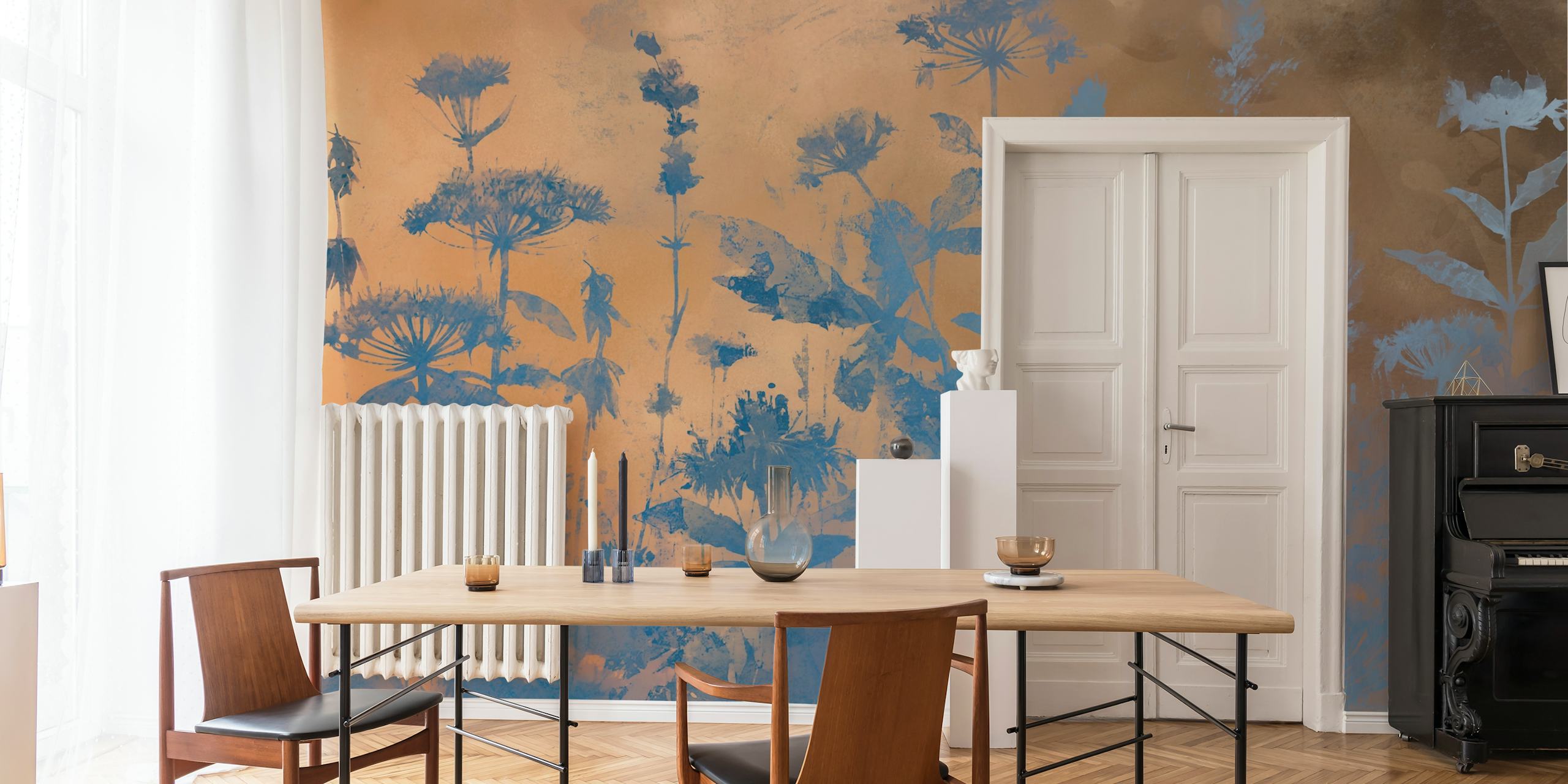 Blue botanical floral silhouettes on a warm beige background wallpaper
