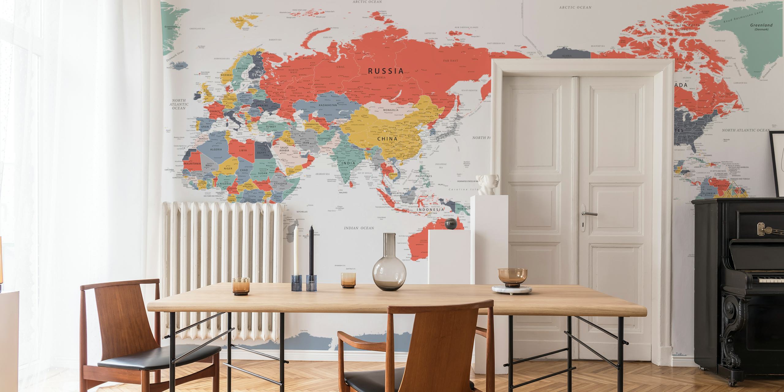 Papier peint Pacific Centred World Map affiché dans une pièce