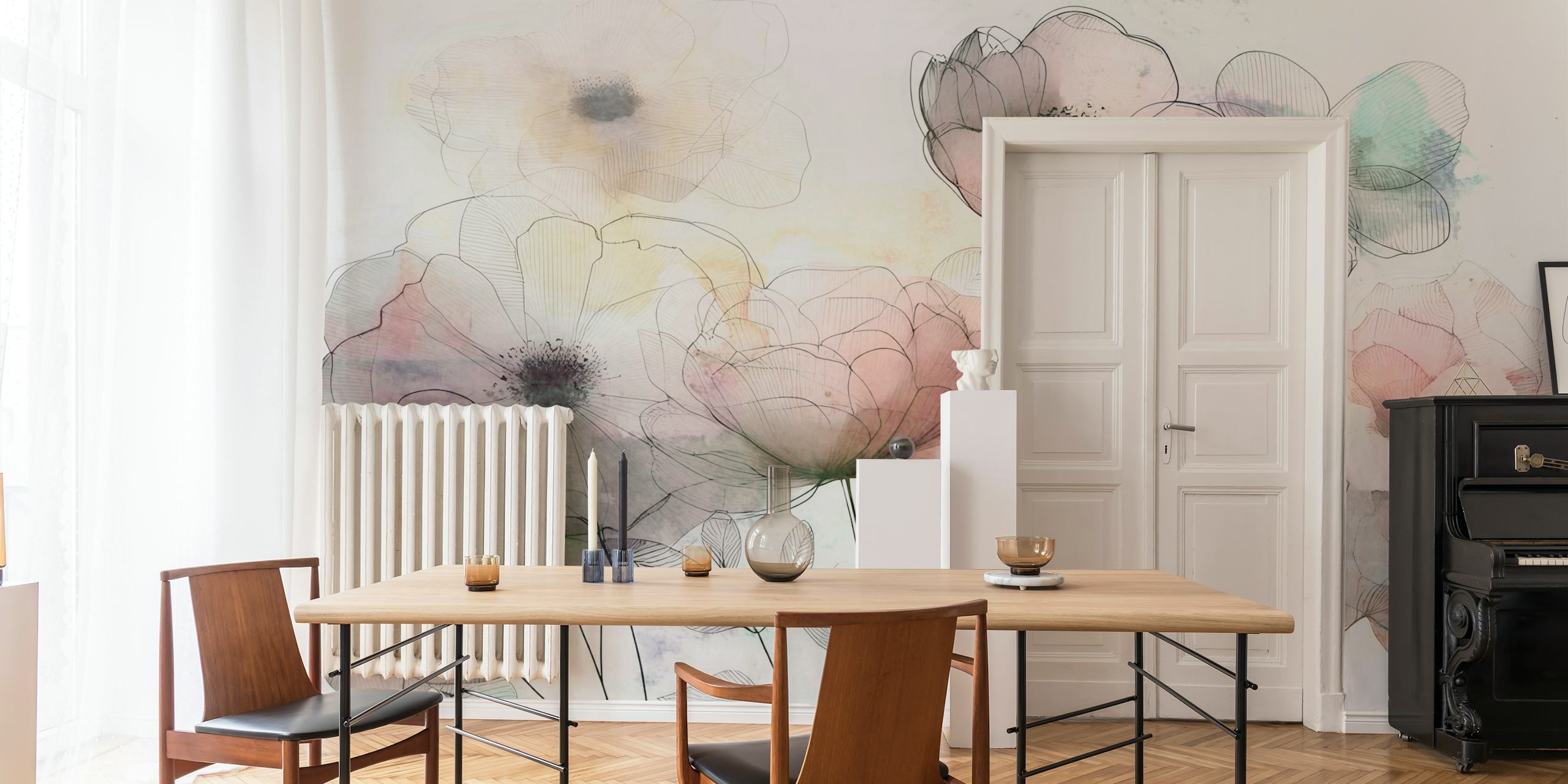 Translucent Blossom Sketch tapet i ett rum