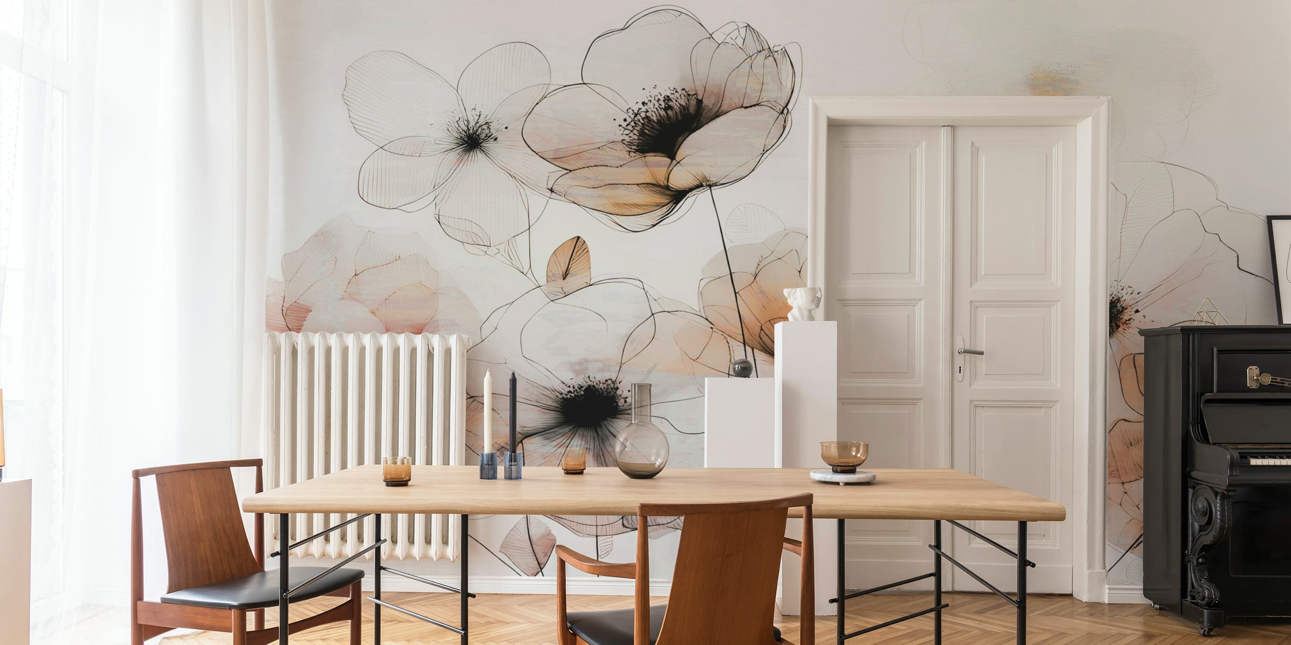 Sketches of soft neutral flowers with black outlines wallpaper