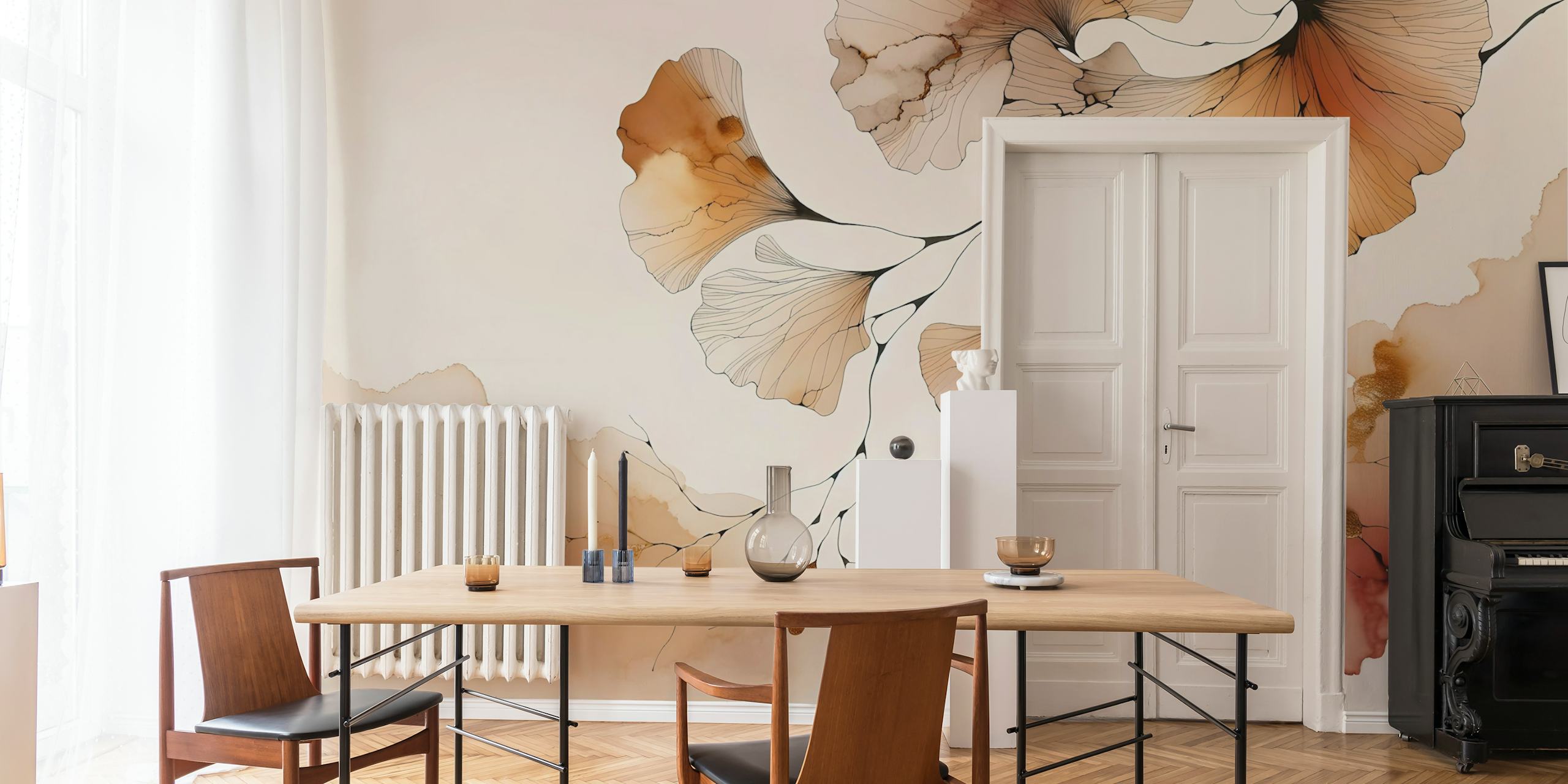 Floral ginkgo leaves in amber tones on soft background wallpaper