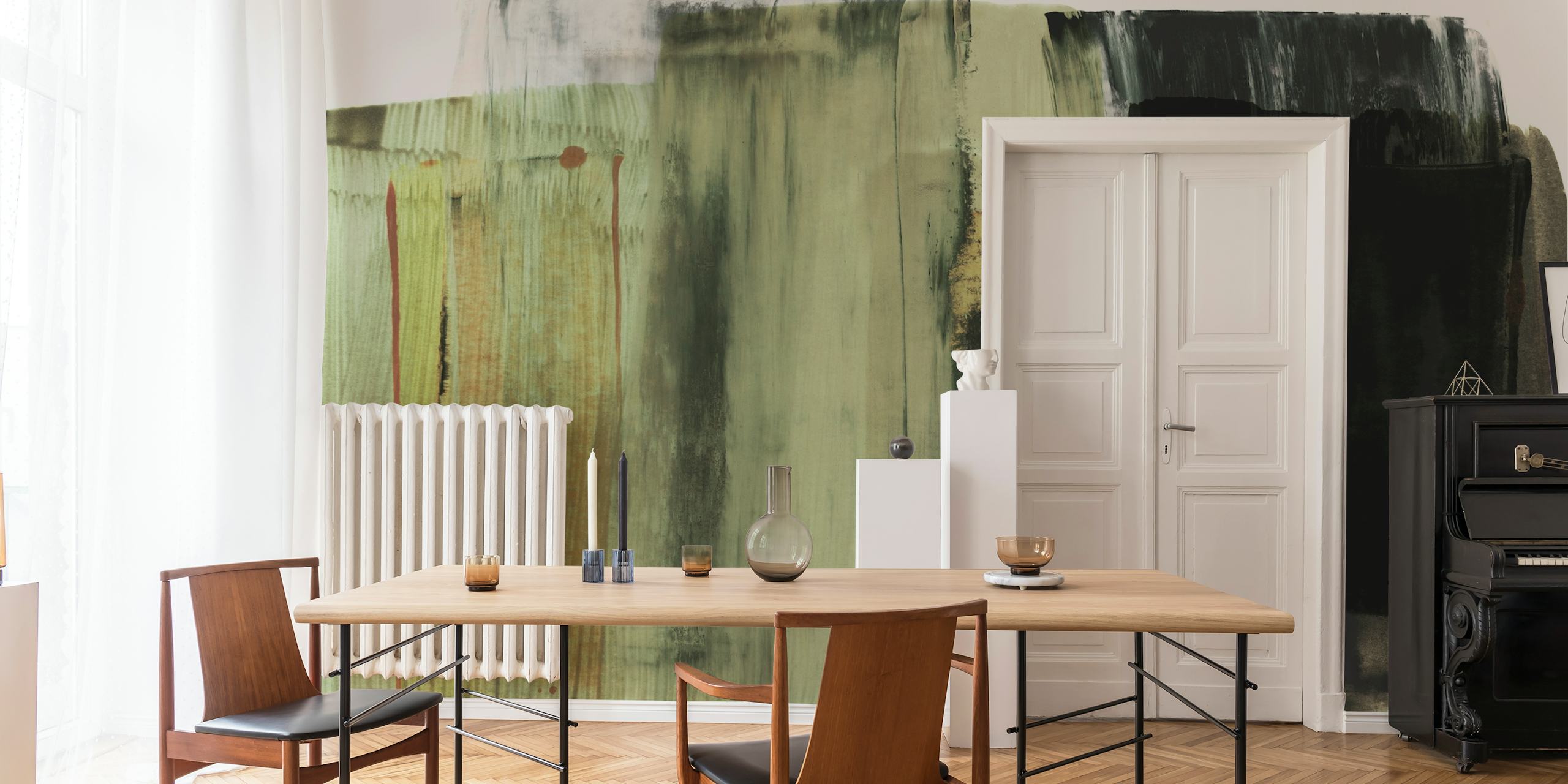 Abstract brushstroke wallpaper with earthy green and black colors, modern style