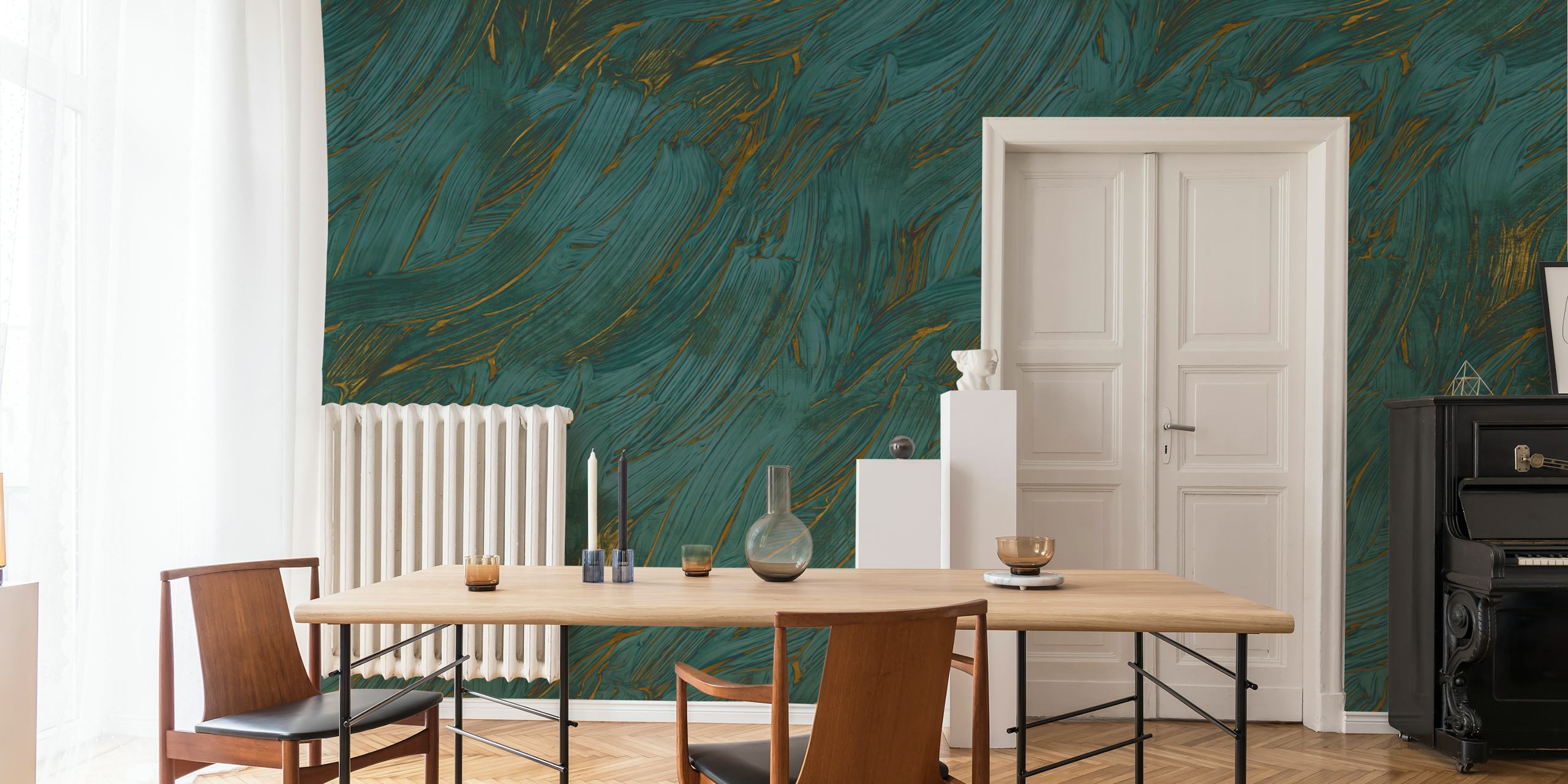 Teal and gold abstract brushstroke pattern wallpaper