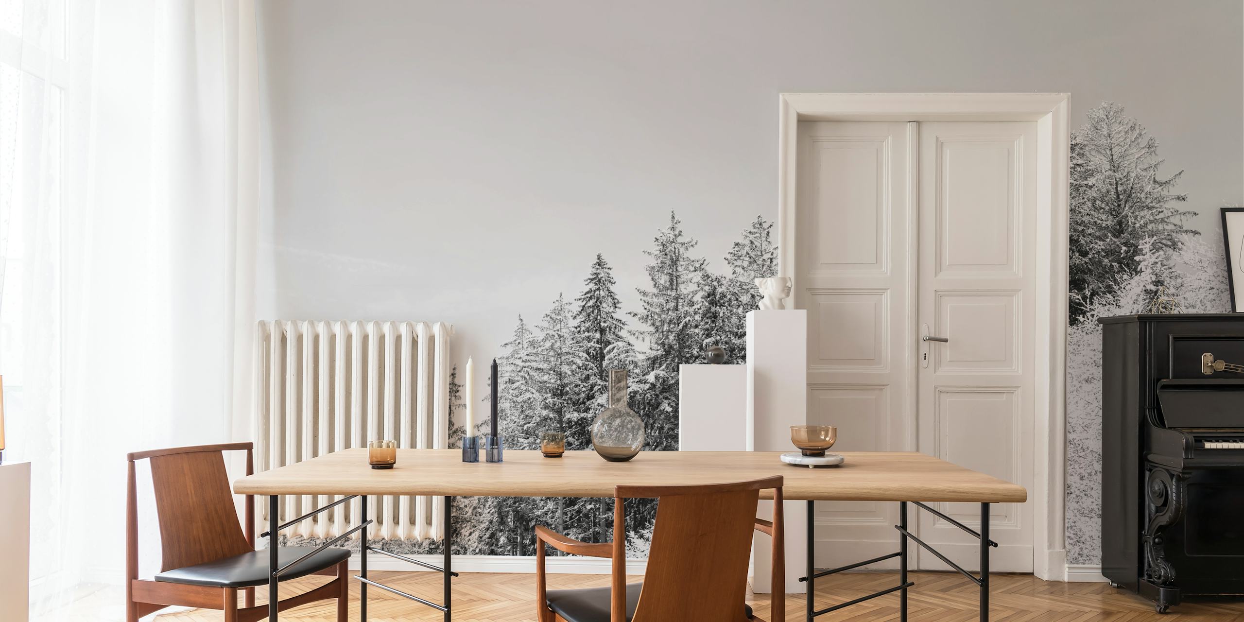 Snow-covered evergreen trees on a gray background wallpaper