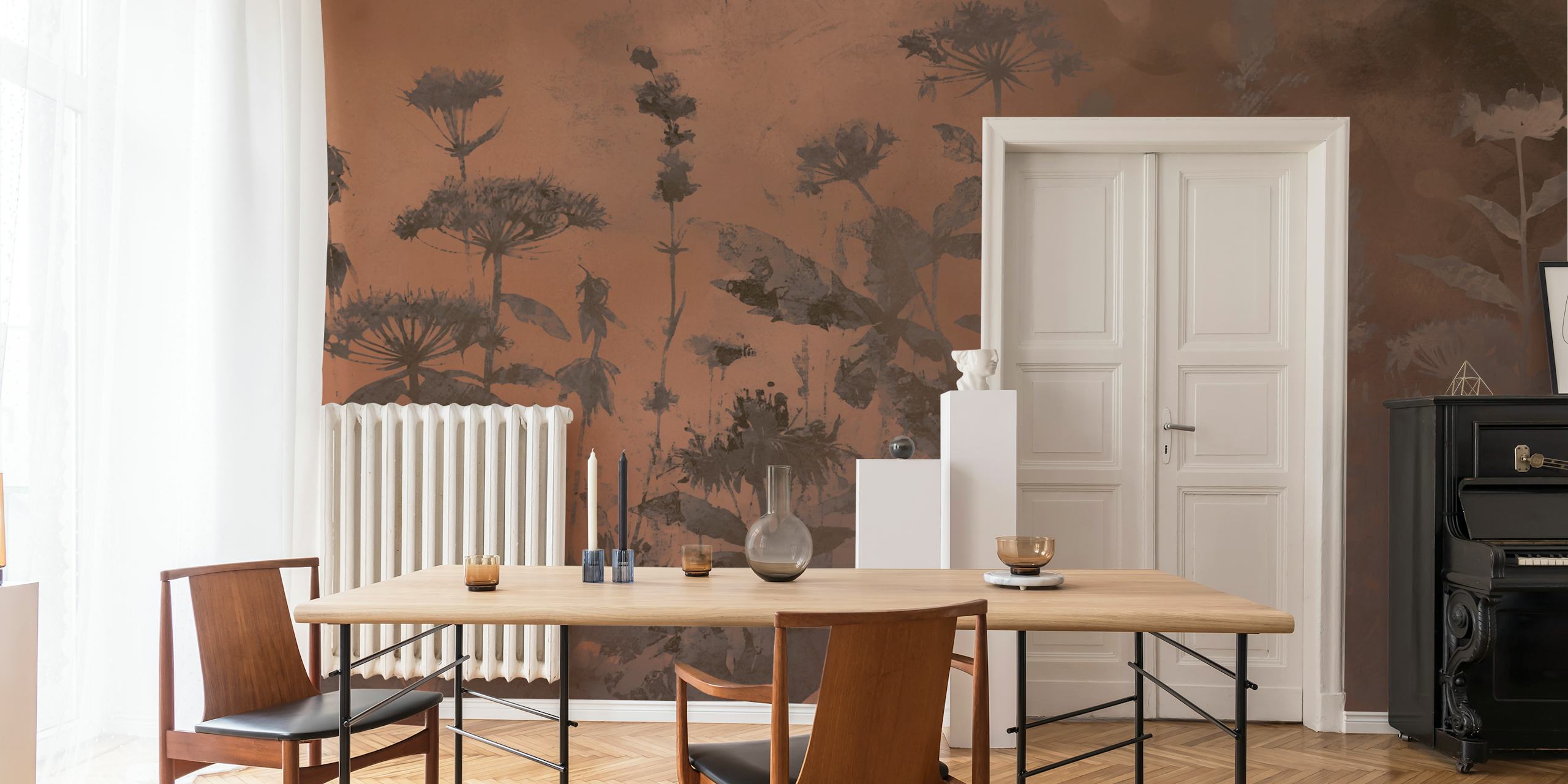 Botanische wallpaper in warme mocha tinten