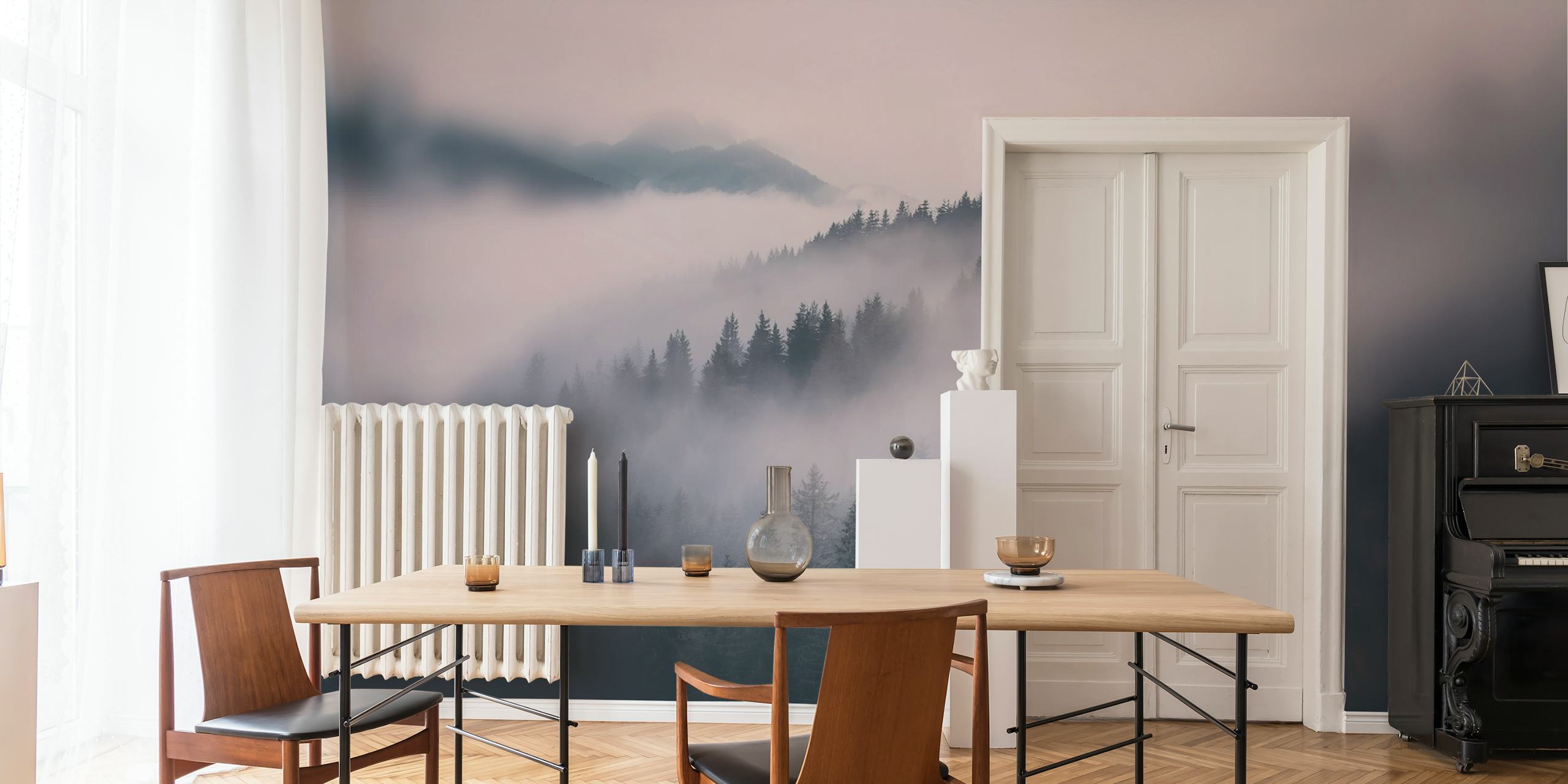 Misty woodland wallpaper in a room