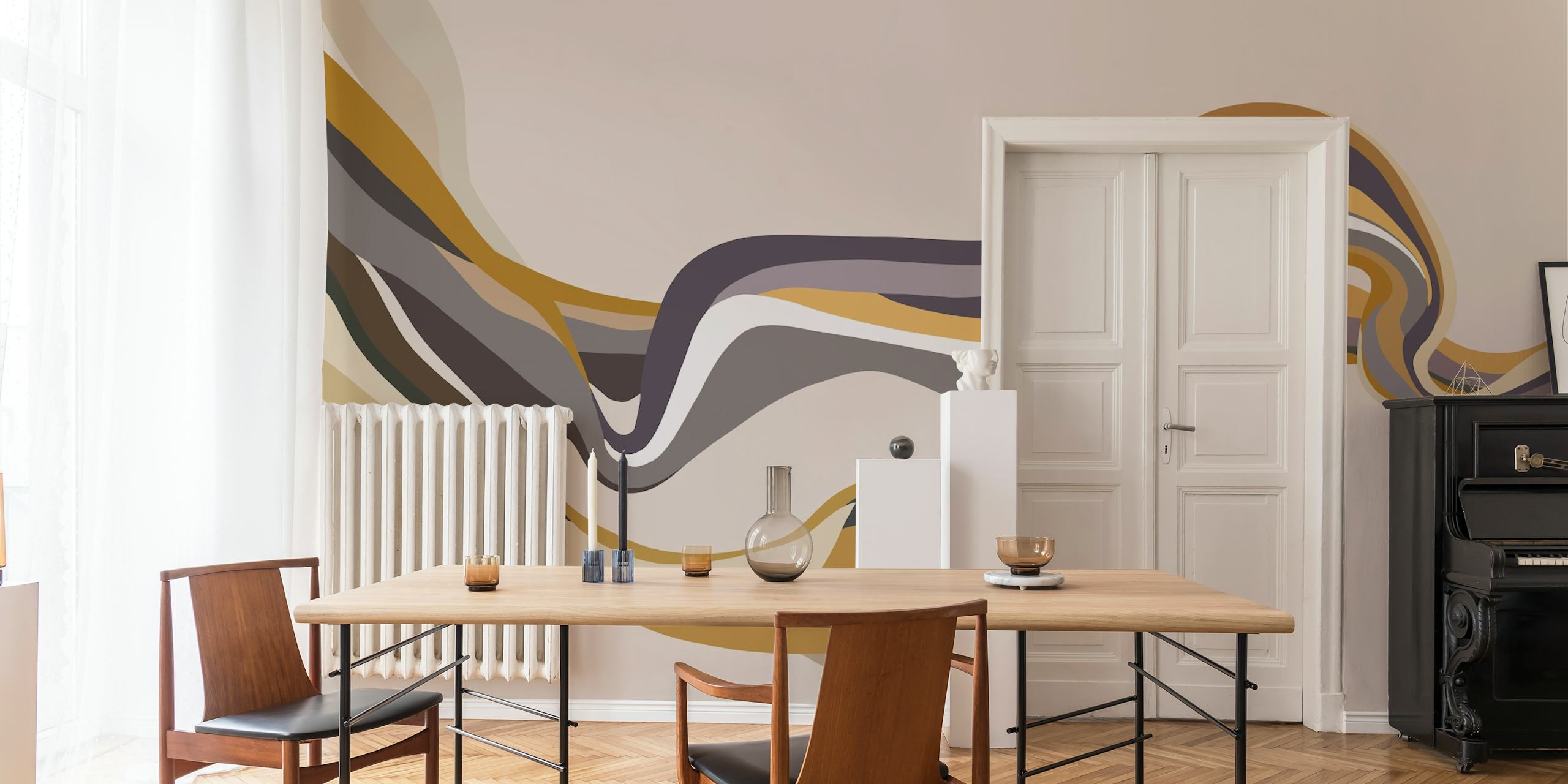 Warm organic flow wallpaper design displayed in a room