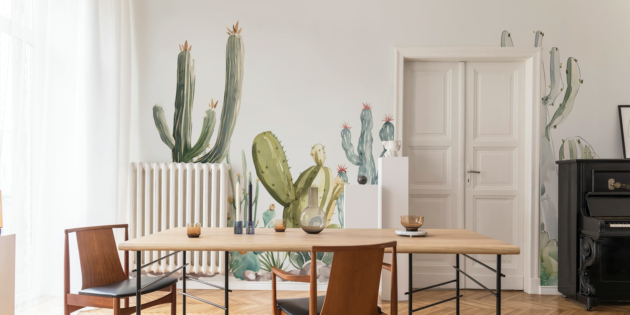 Cacti and succulents in green and beige colors botanical wallpaper