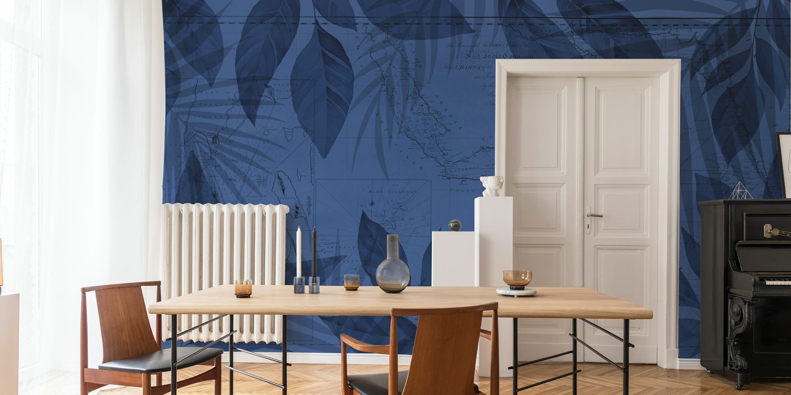 Botanical leaf pattern in navy blue tones wallpaper