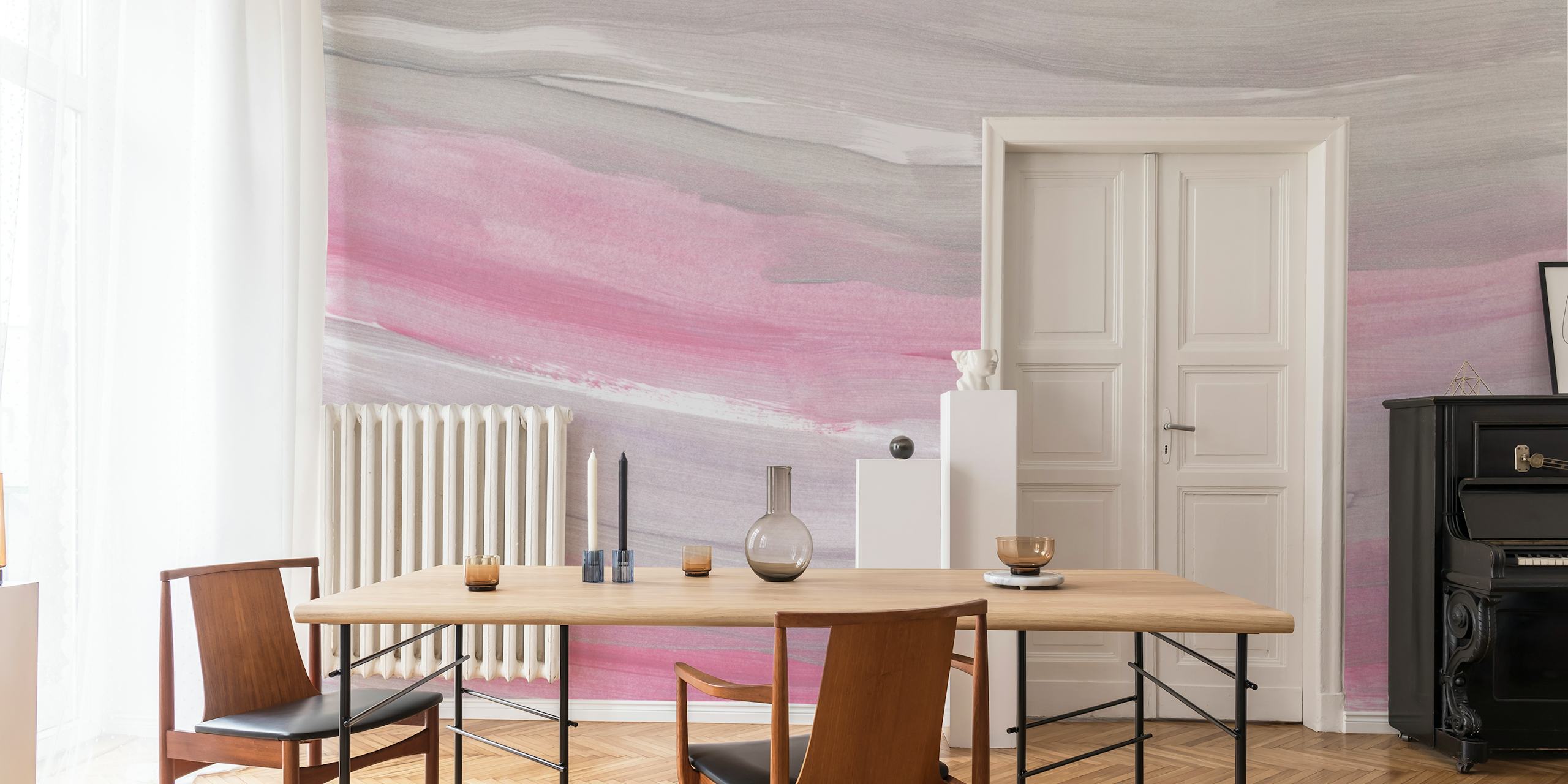 Blush and Gray Brushstroke Waves wallpaper in room