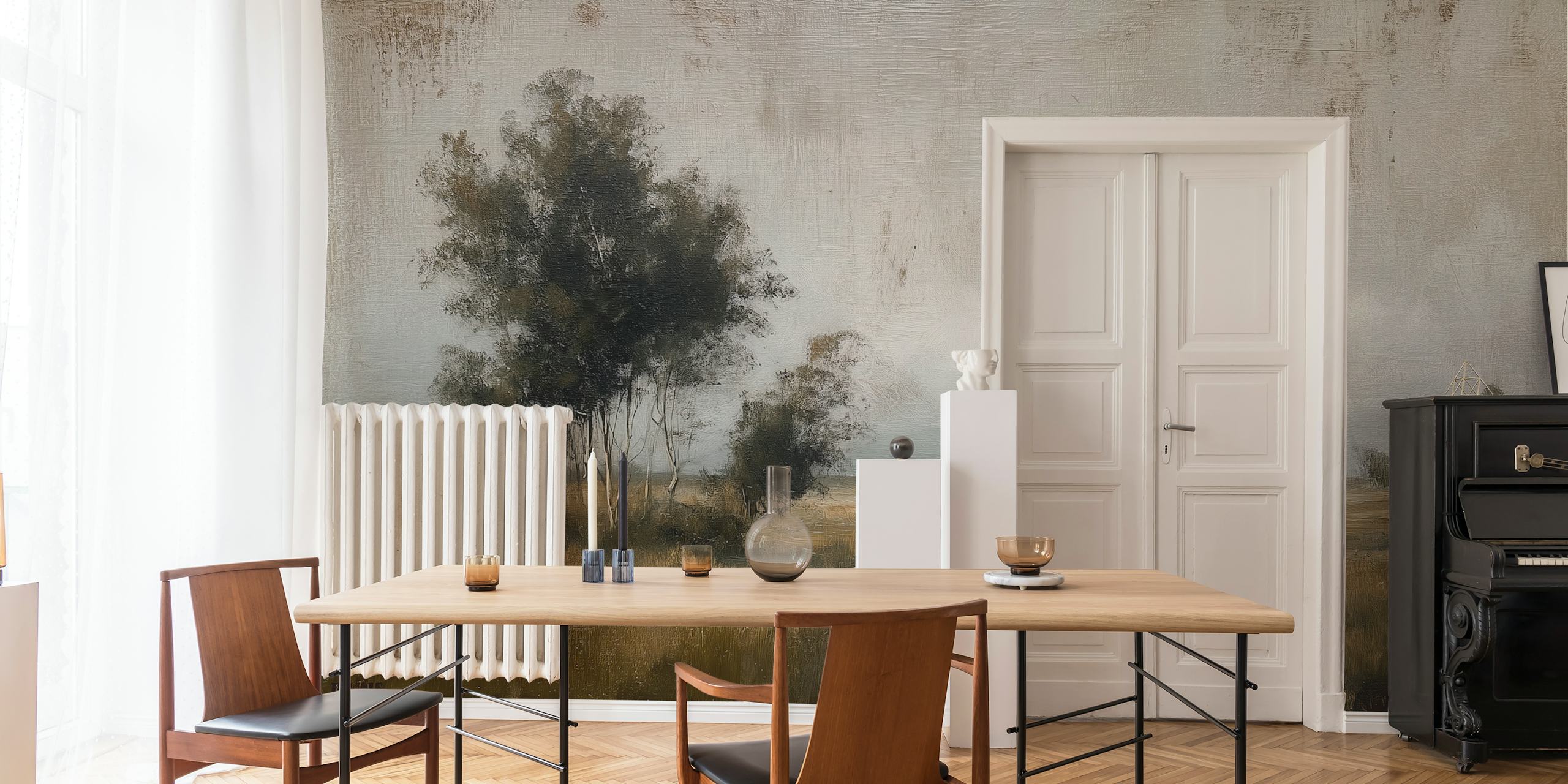 Tranquil morning landscape wallpaper in a room