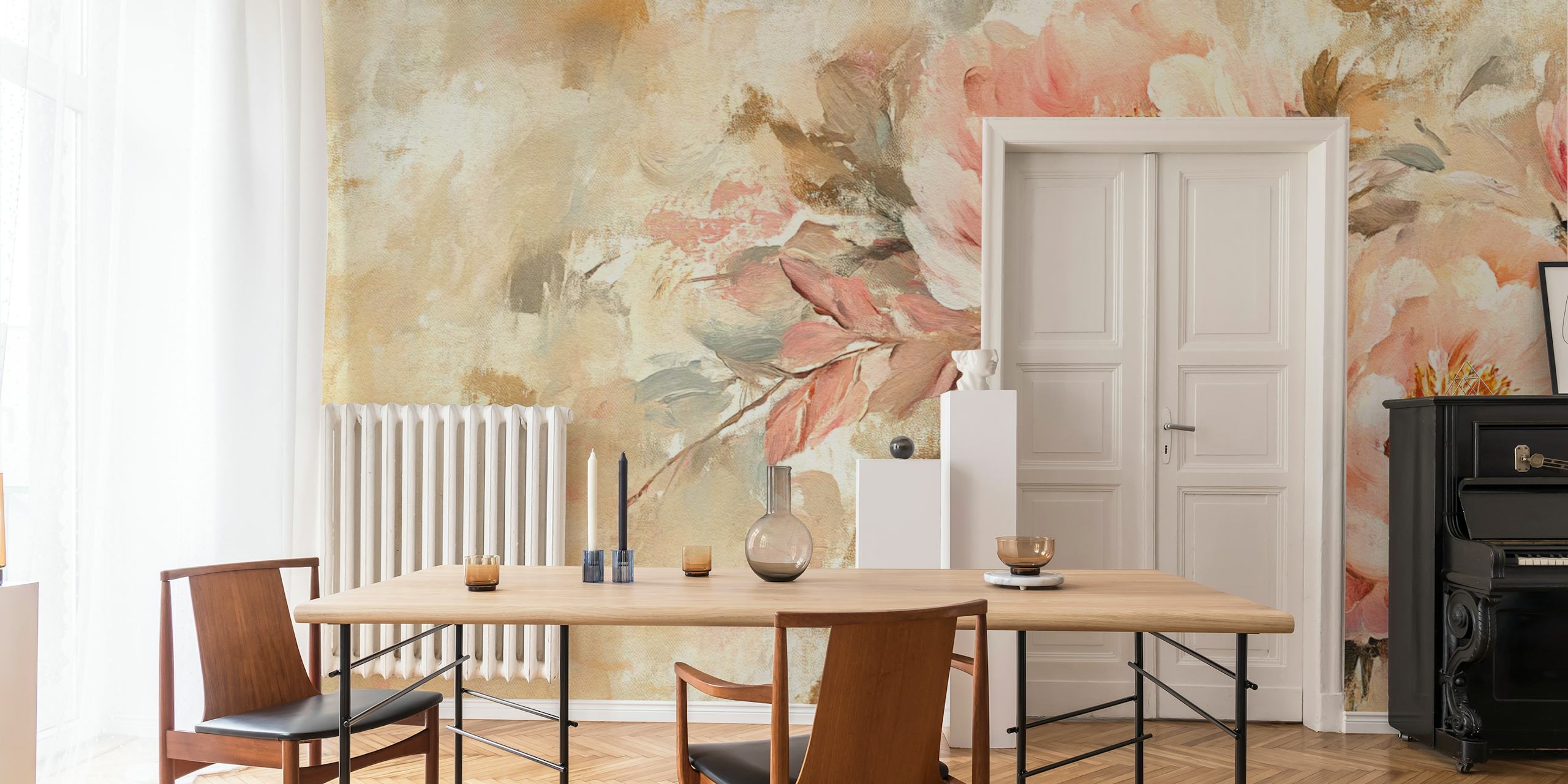 Elegant peach peony blooms wallpaper in a room