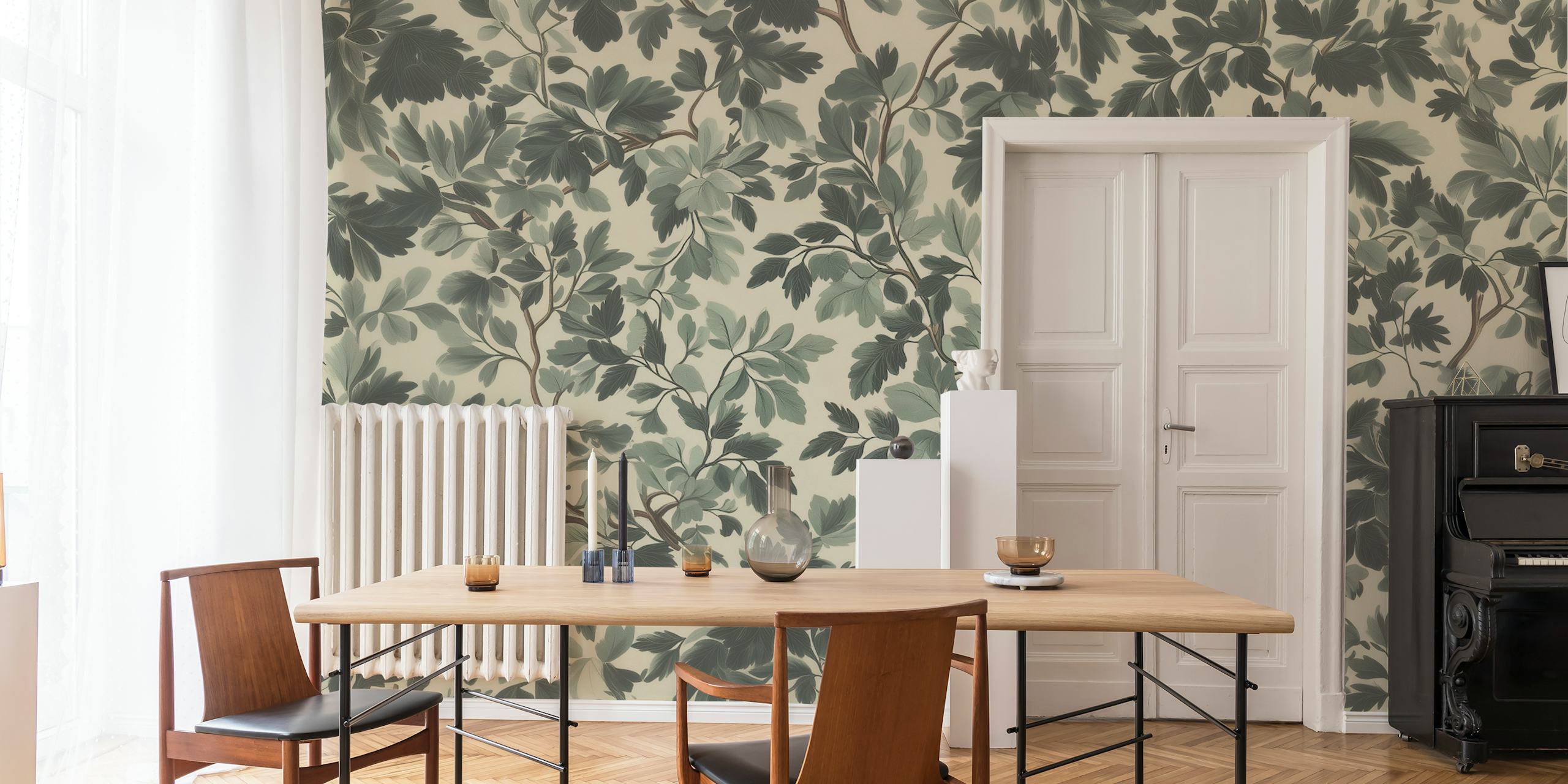 Botanical leafy pattern with dark green and soft gray hues wallpaper