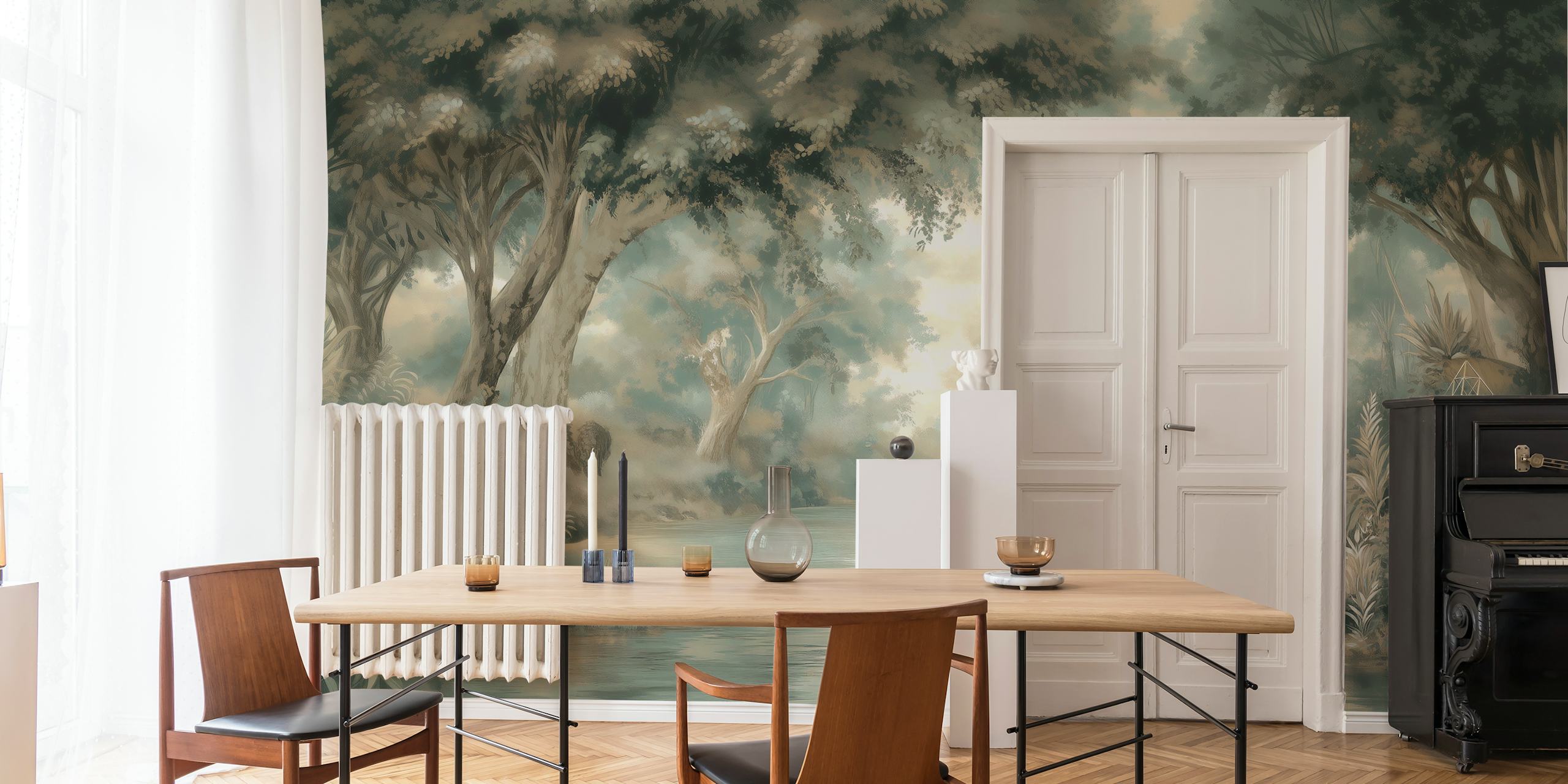 Two zebras by a calm river in a dreamy forest setting, soft greens and browns, nature wallpaper