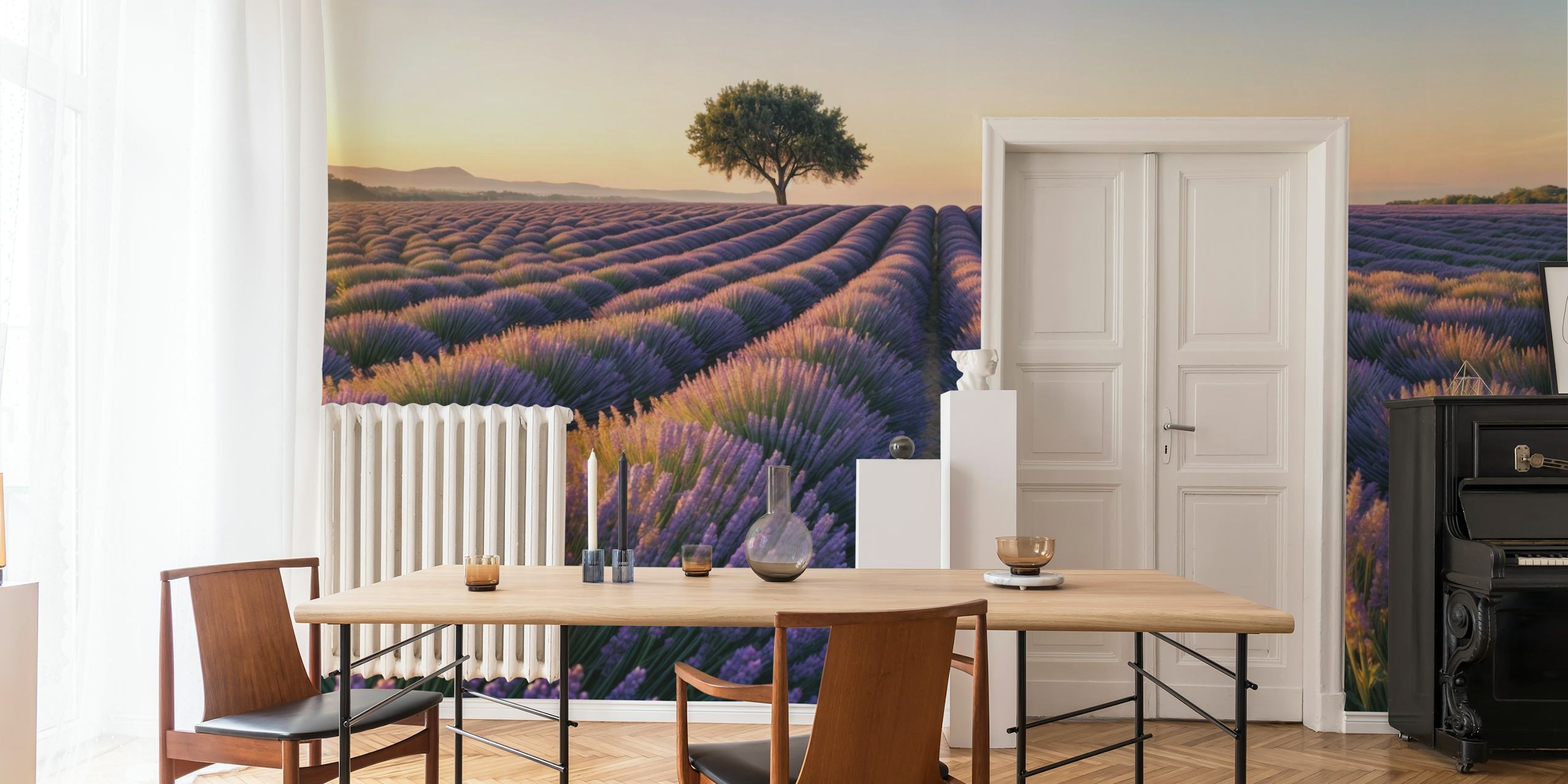 Sunset over lavender fields tapet