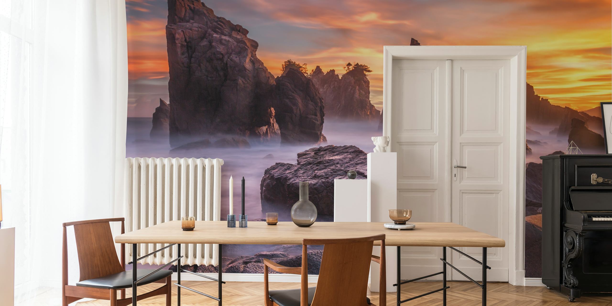 Majestic rocky seascape with sunset colors wallpaper