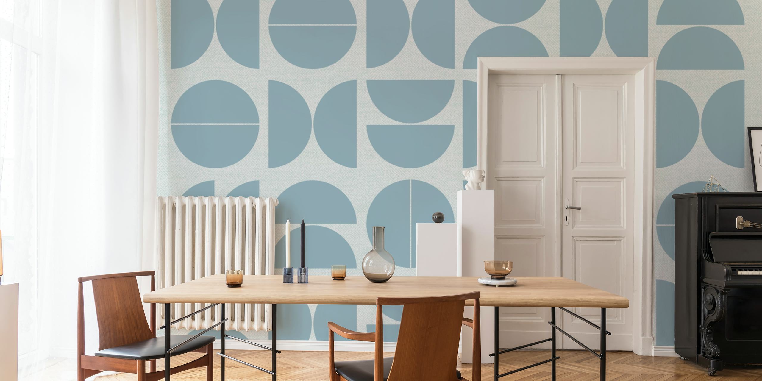 Geometric blue shapes with circular and semi-circular patterns wallpaper