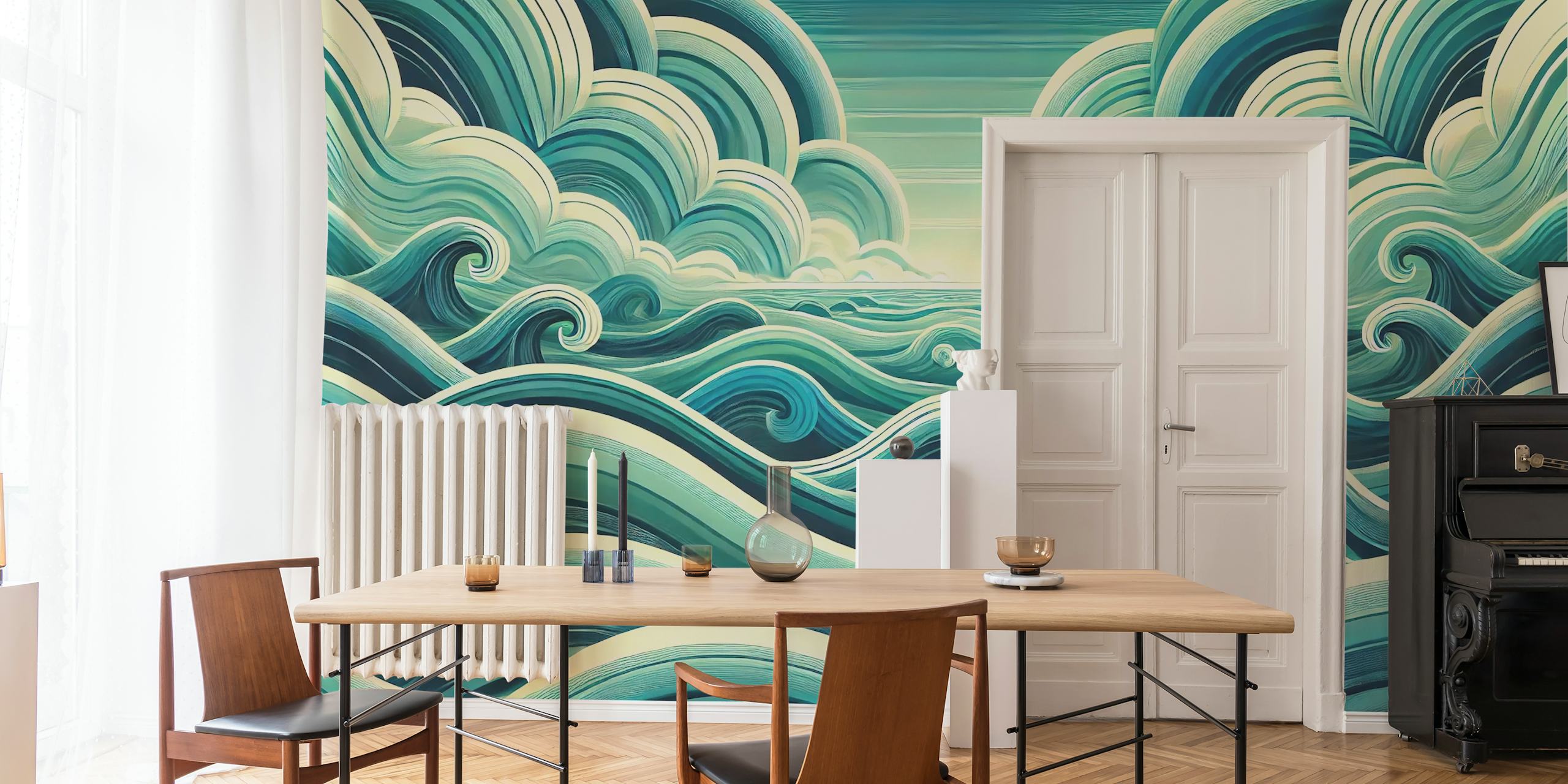 Abstract ocean waves in teal and blue colors wallpaper