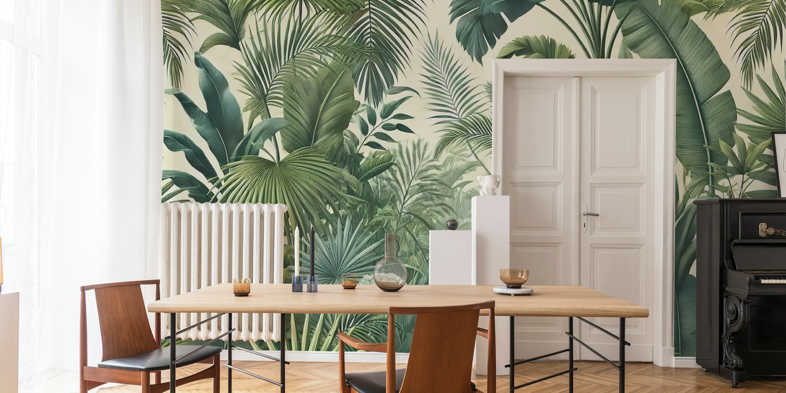 Lush green tropical leaves wallpaper in subtle tones