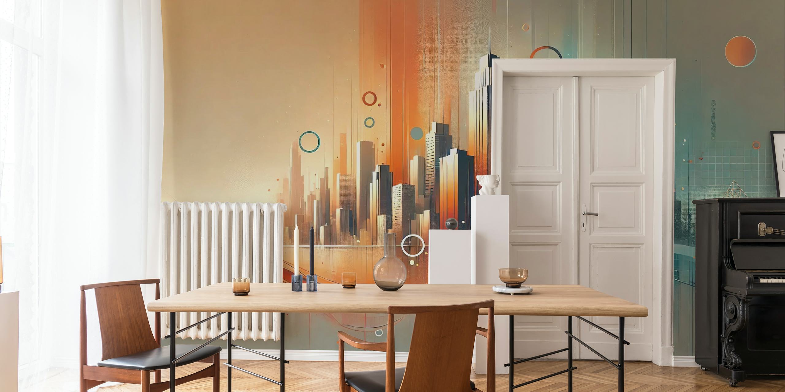 Abstract city skyline with orange and teal accents wallpaper