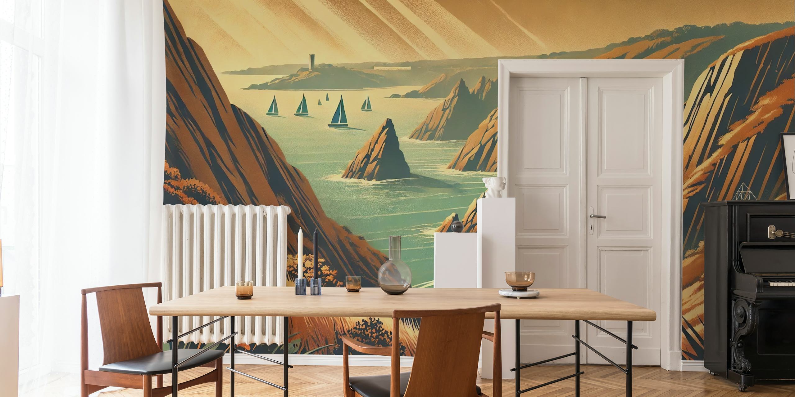 Cliffside landscape with sailboats, blue ocean, and warm tones wallpaper