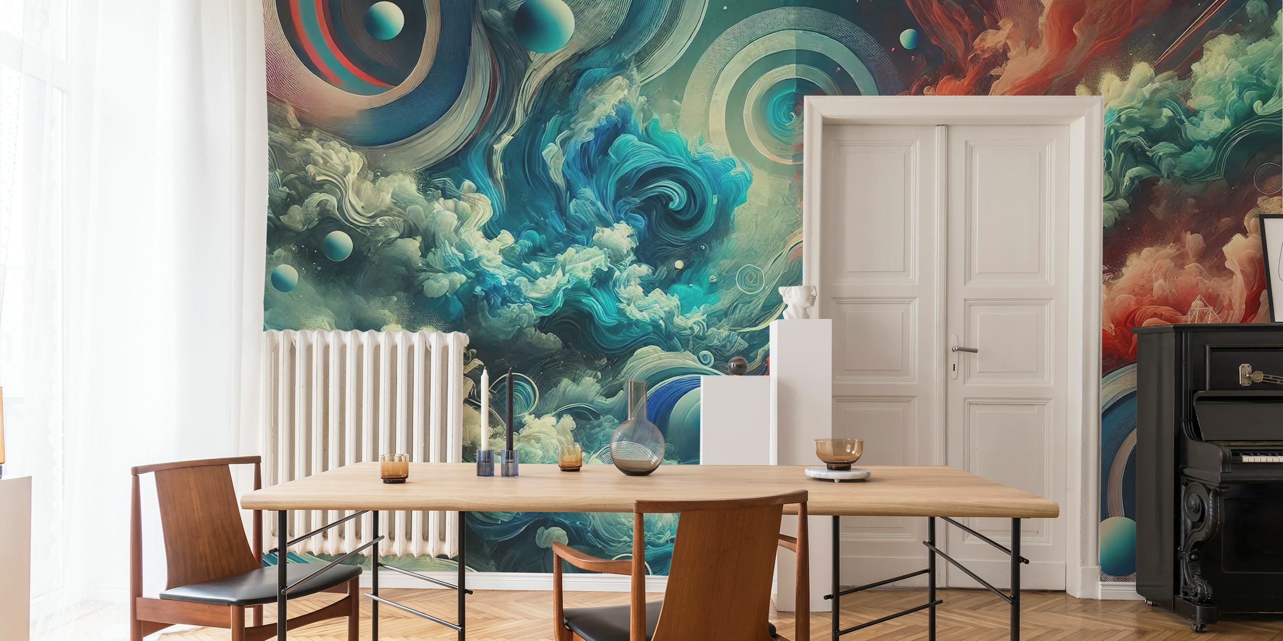 Colorful abstract swirls in red, blue, and cream wallpaper