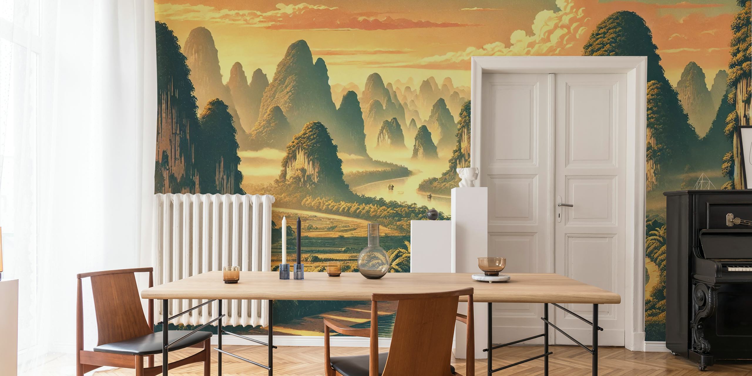 Karst mountains and river scene in soft orange and green wallpaper