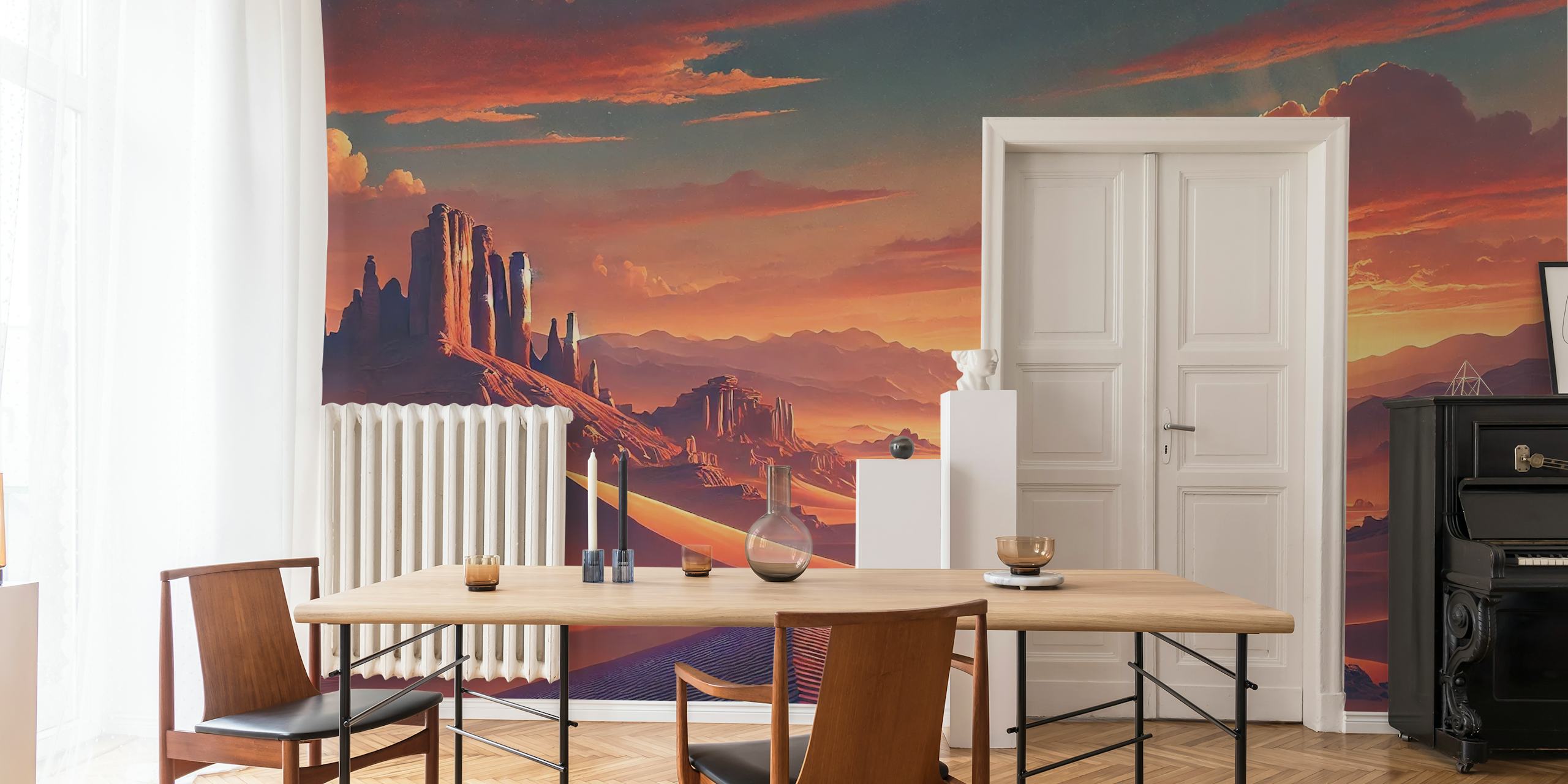 Vintage desert sunset featuring warm orange and brown hues wallpaper