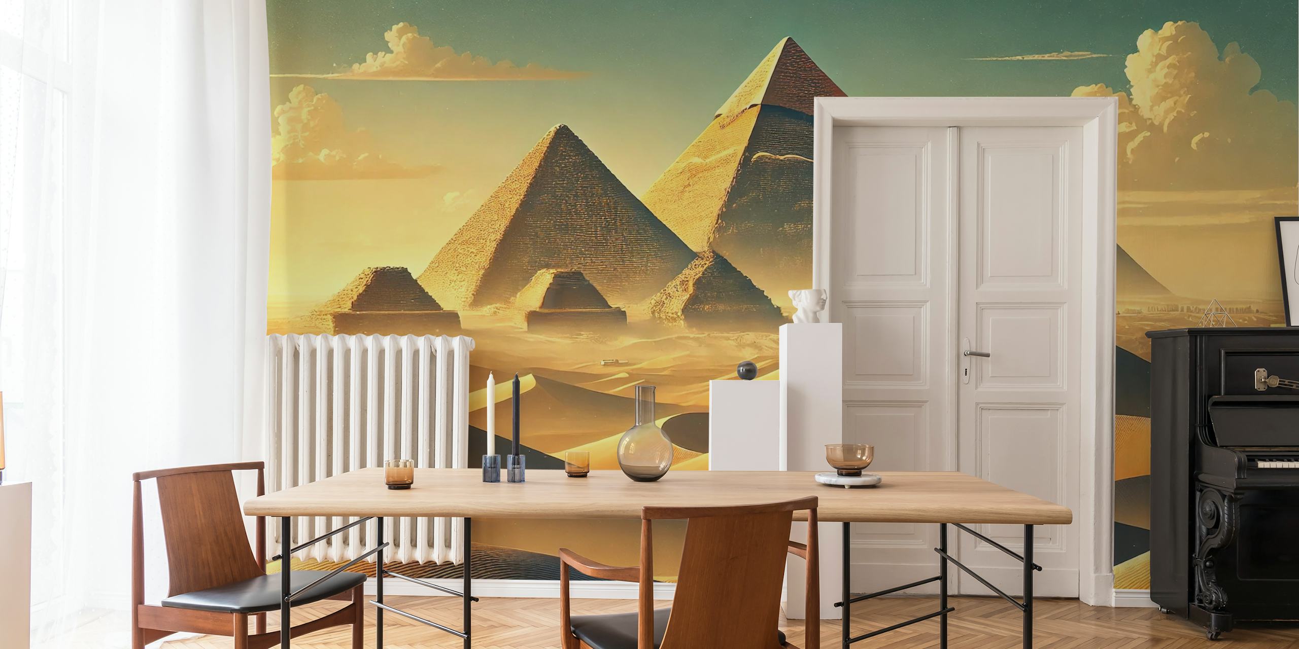Vintage Egyptian pyramids wallpaper in a room