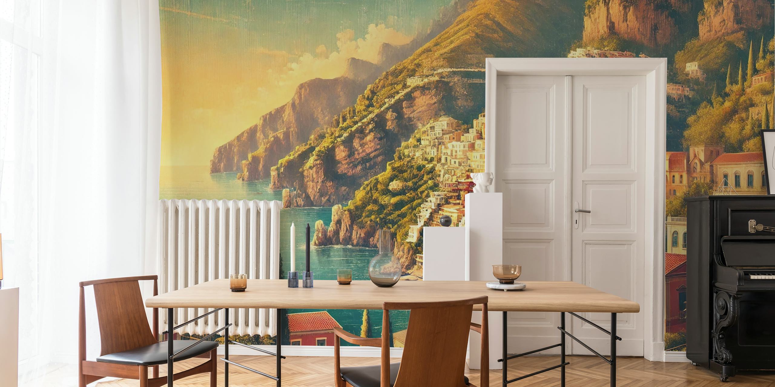 Vintage Amalfi Coast view with colorful buildings, sea, mountains wallpaper