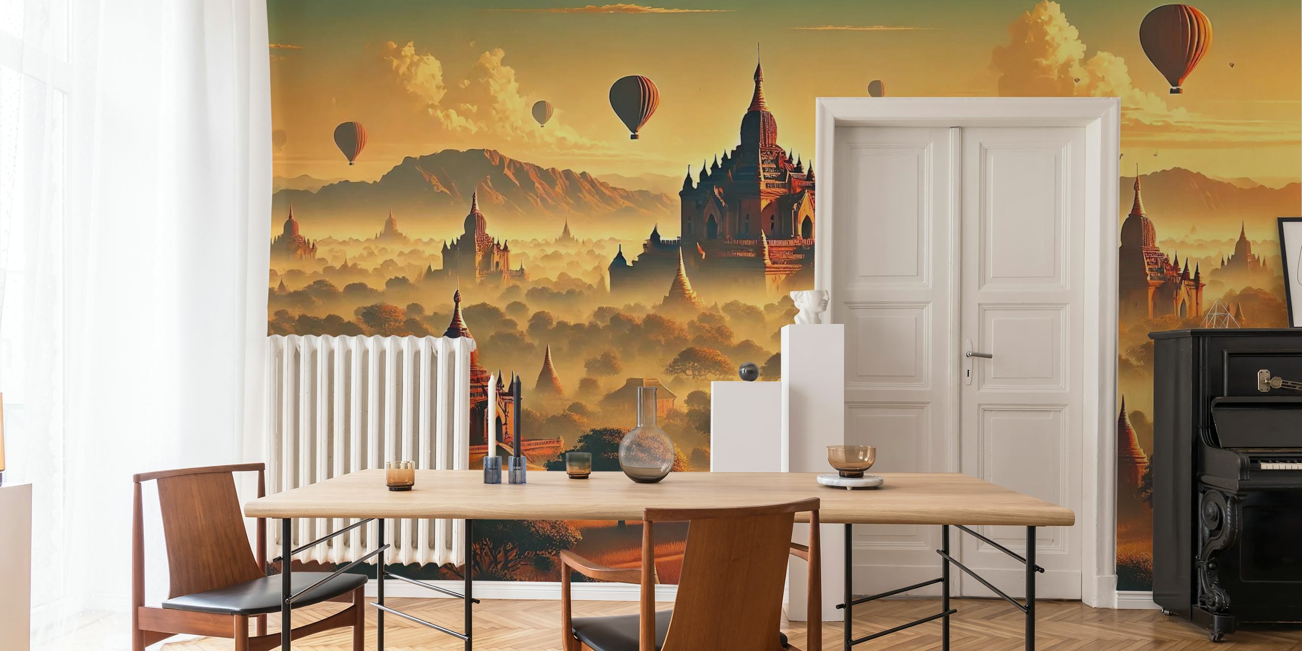 Vintage Bagan wallpaper with temples and balloons