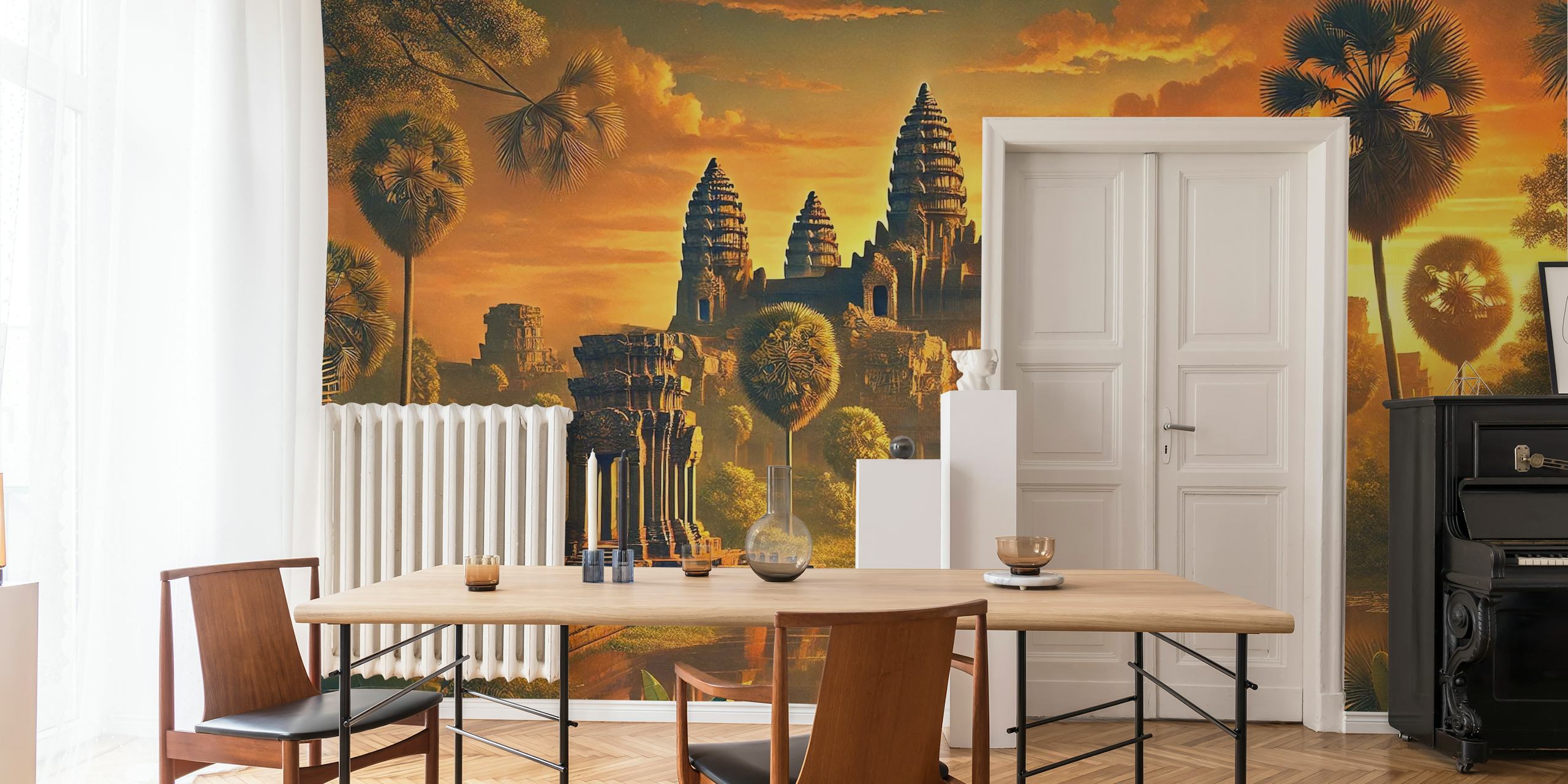 Angkor Wat temple during sunset with palm trees and vibrant colors wallpaper