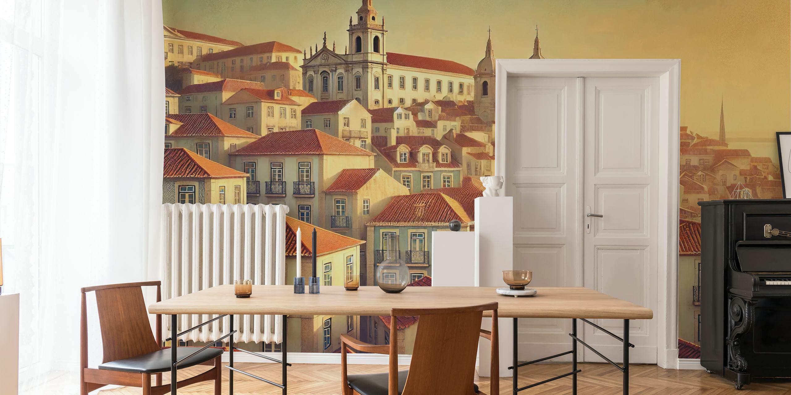Vintage Lisbon rooftops with beige buildings and red roofs wallpaper
