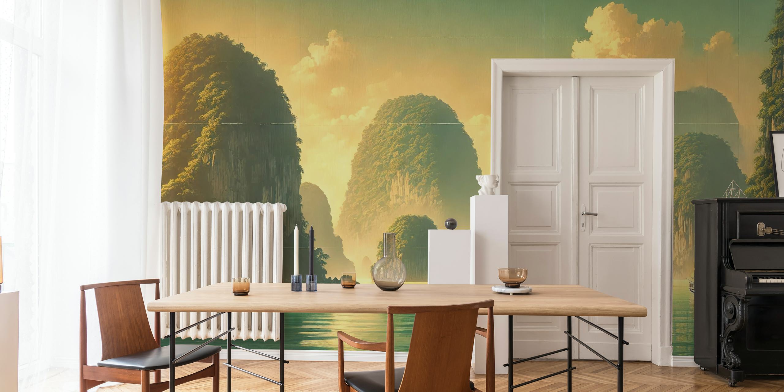 Ha Long Bay landscape with rocky formations and boats in green and blue wallpaper