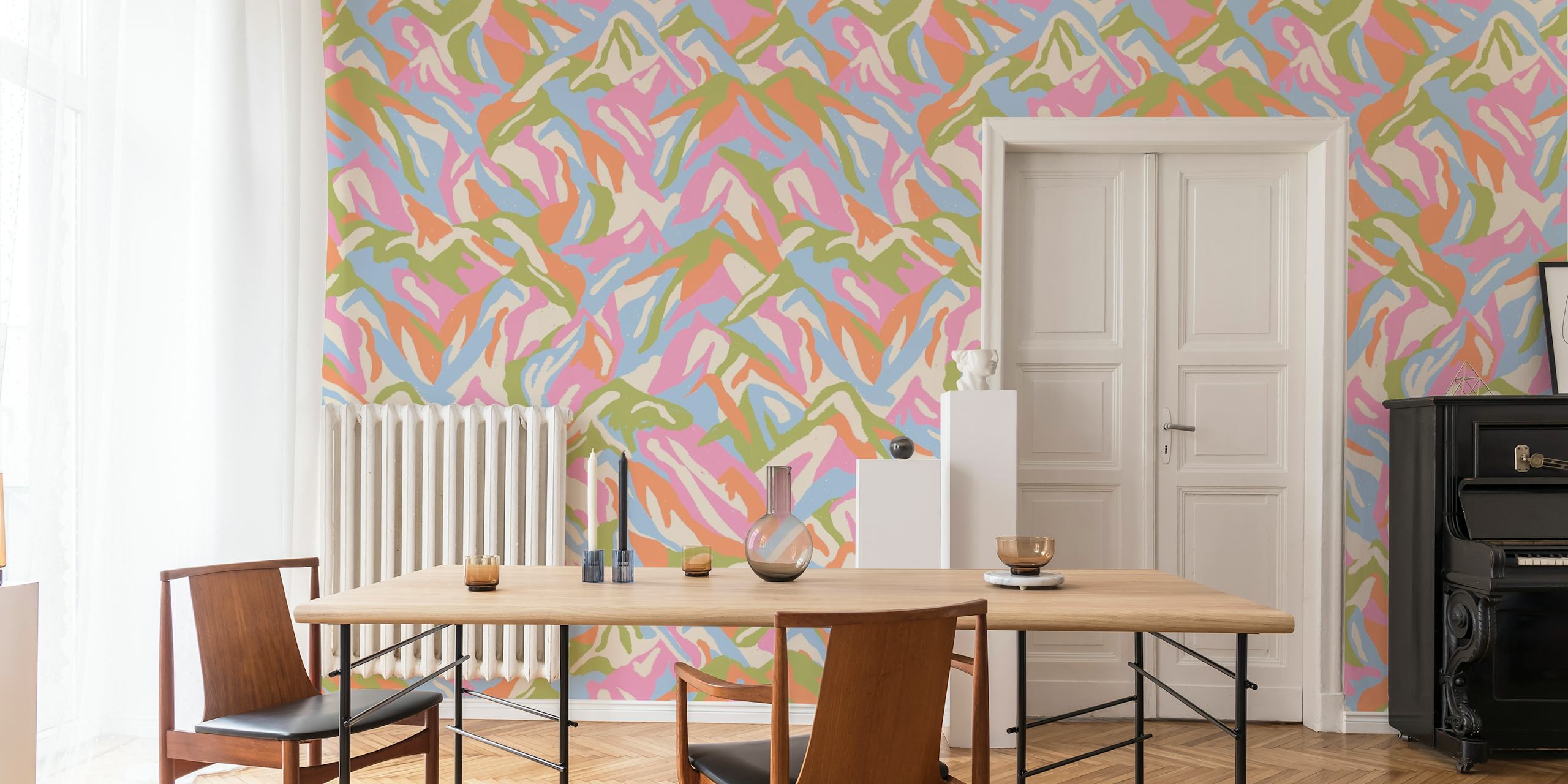 Colorful abstract mountain peaks in pastel pink, blue, and green wallpaper