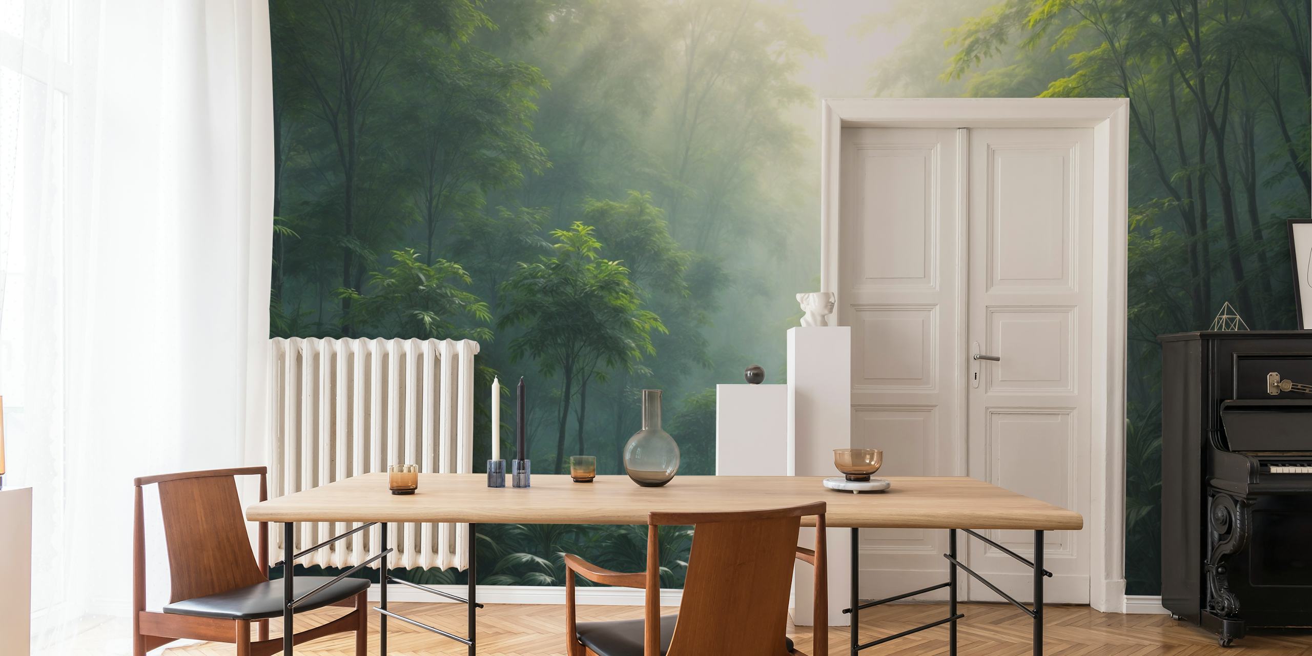 Lush green tropical forest wallpaper with a peaceful ambiance
