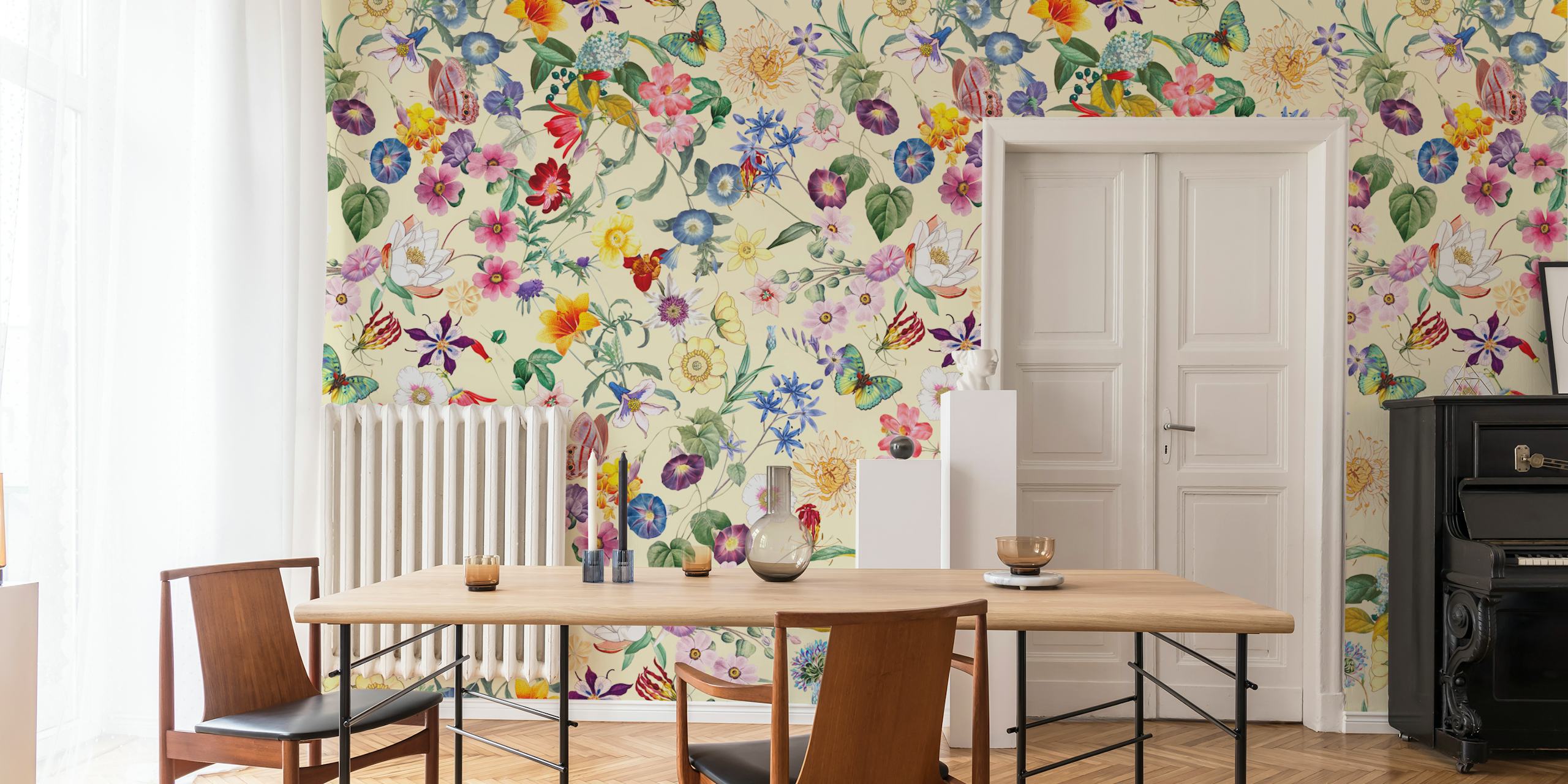Colorful floral patterns featuring various flowers and butterflies on a light background wallpaper