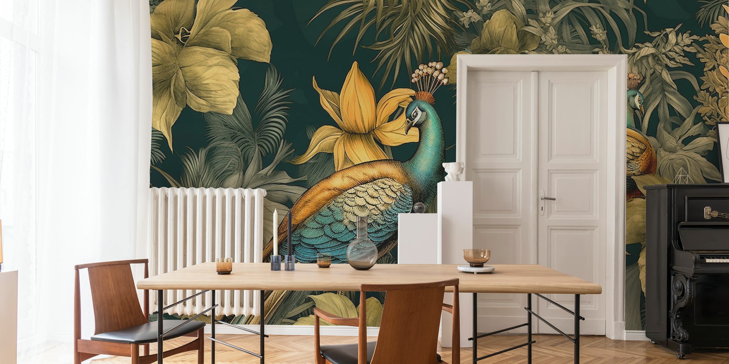 Elegant peacock design wallpaper in a room