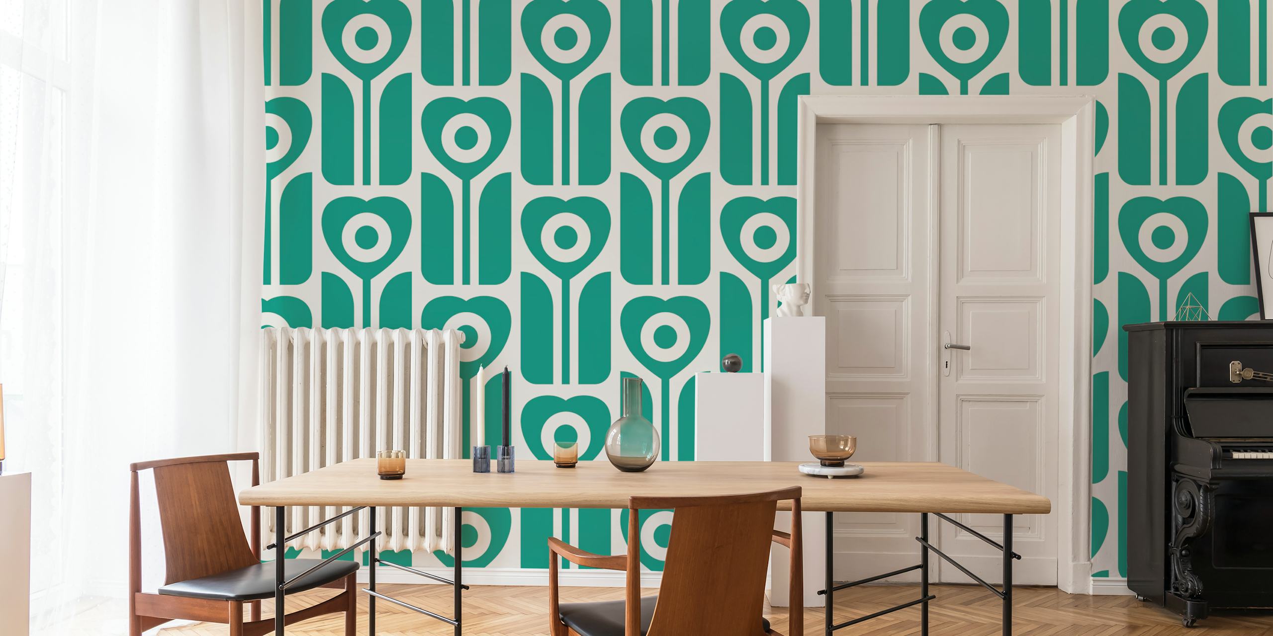 Retro geometric tulips teal green tapeta v pokoji