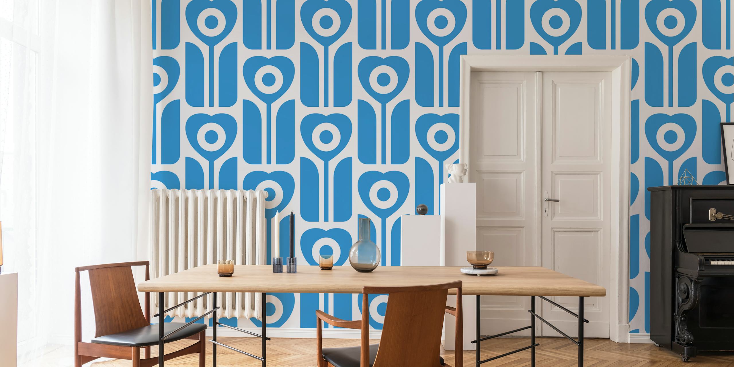 Retro geometric tulips wallpaper em um quarto